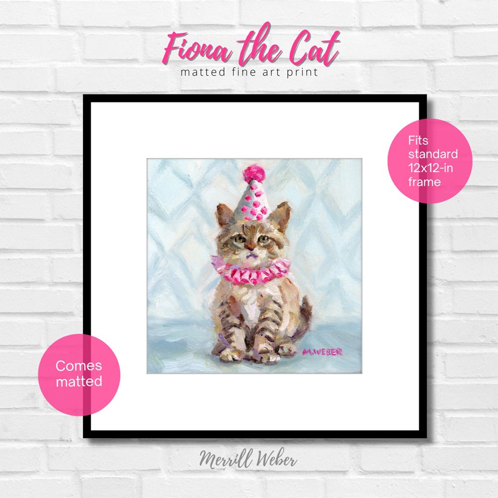 Fiona the Cat matted and framed fine art print with comes matted callout, kitten painting print by Merrill Weber
