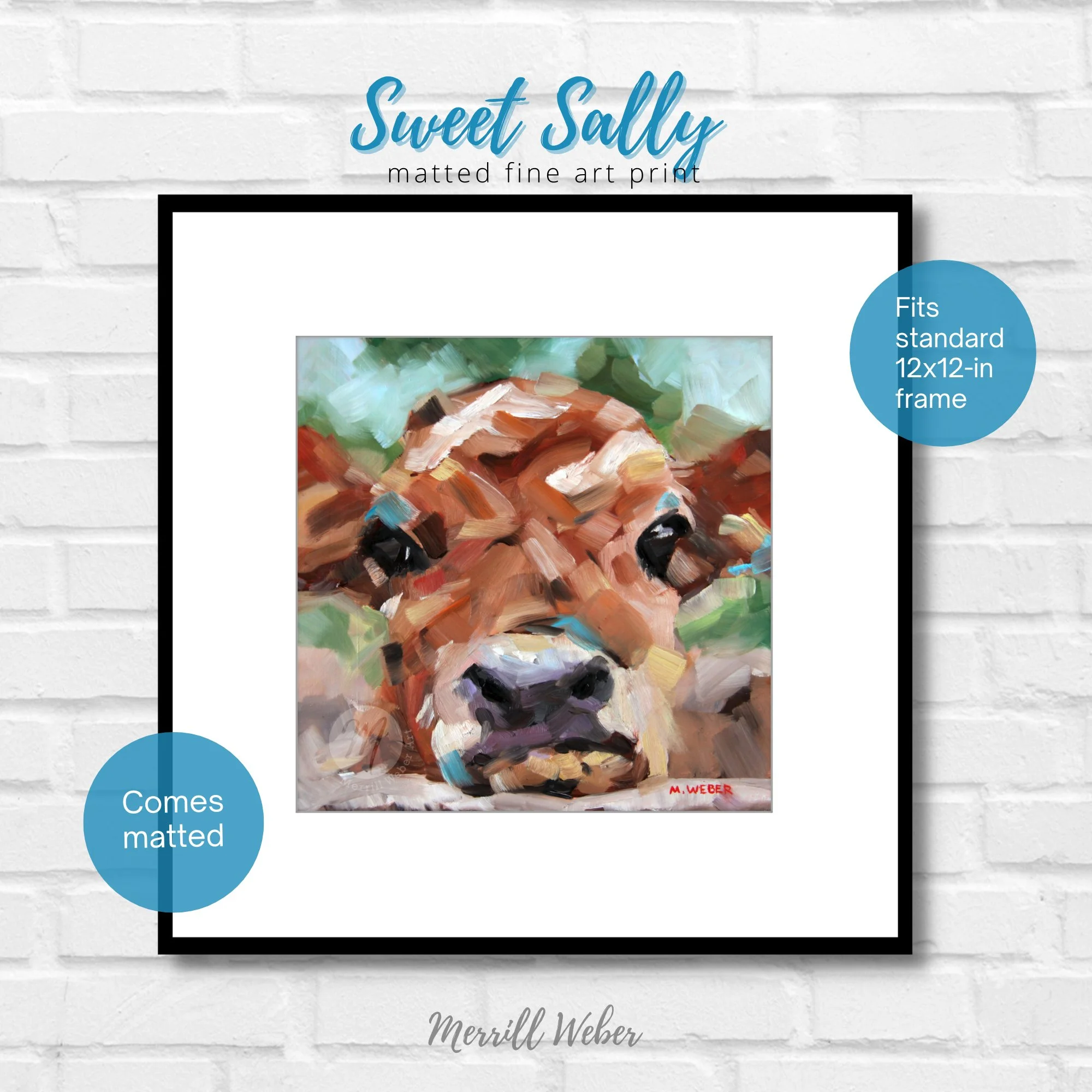 Sweet Sally the Cow fine art print showing included white mat that fits standard 12x12 frame by Merrill Weber