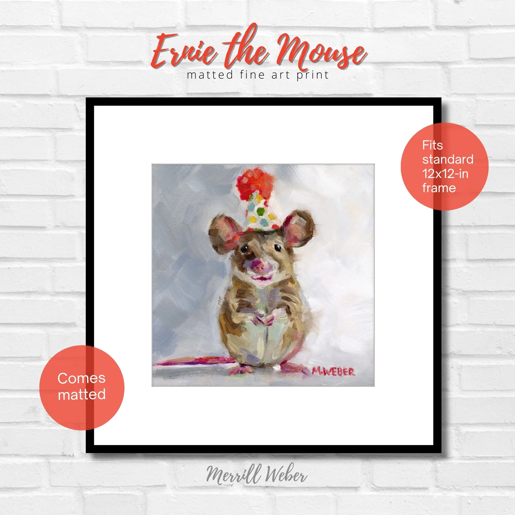 Framed Ernie the Mouse art print by Merrill Weber with white mat and black frame, whimsical mouse portrait