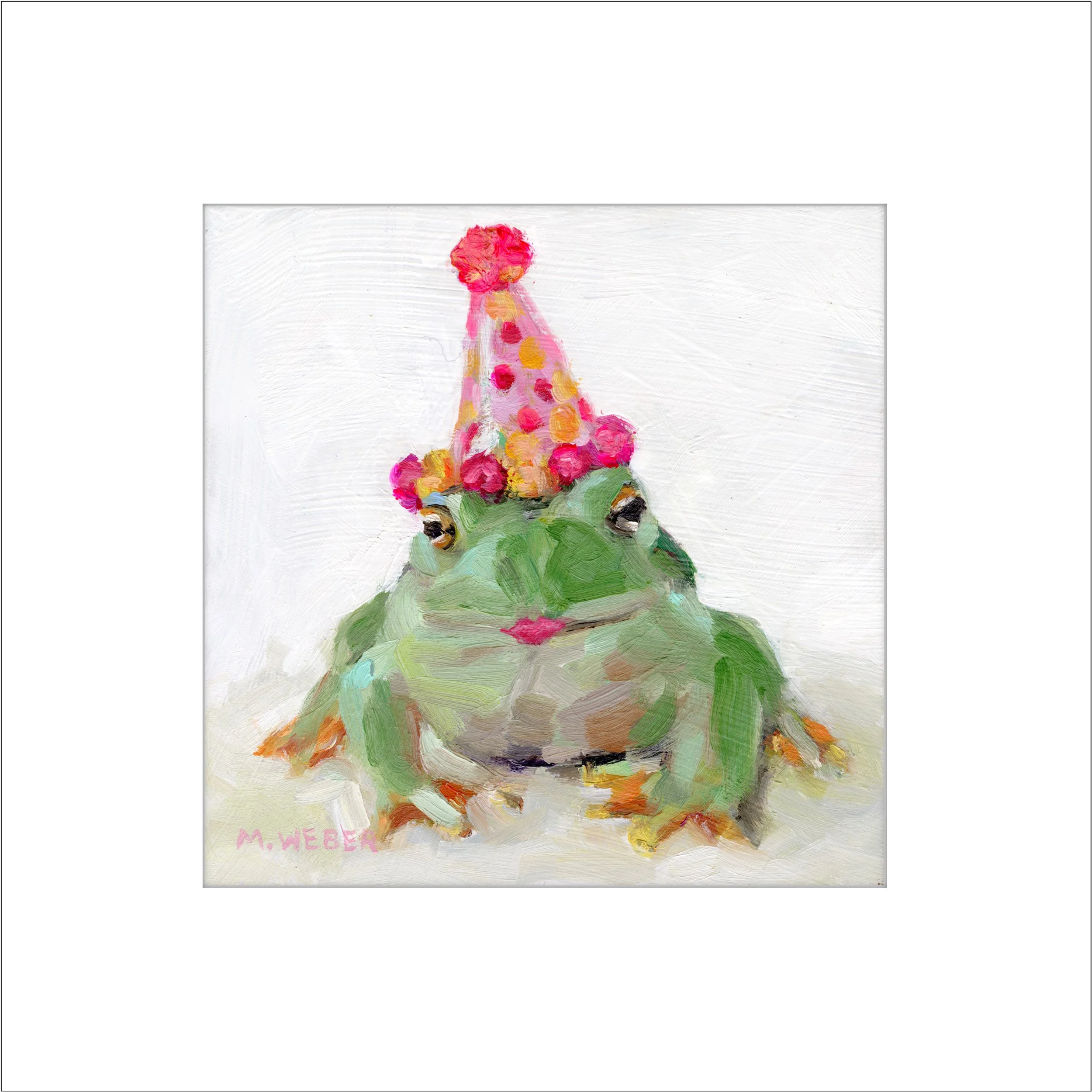 Skippy the Frog matted fine art print by Merrill Weber featuring a frog wearing a pink polka dotted party hat