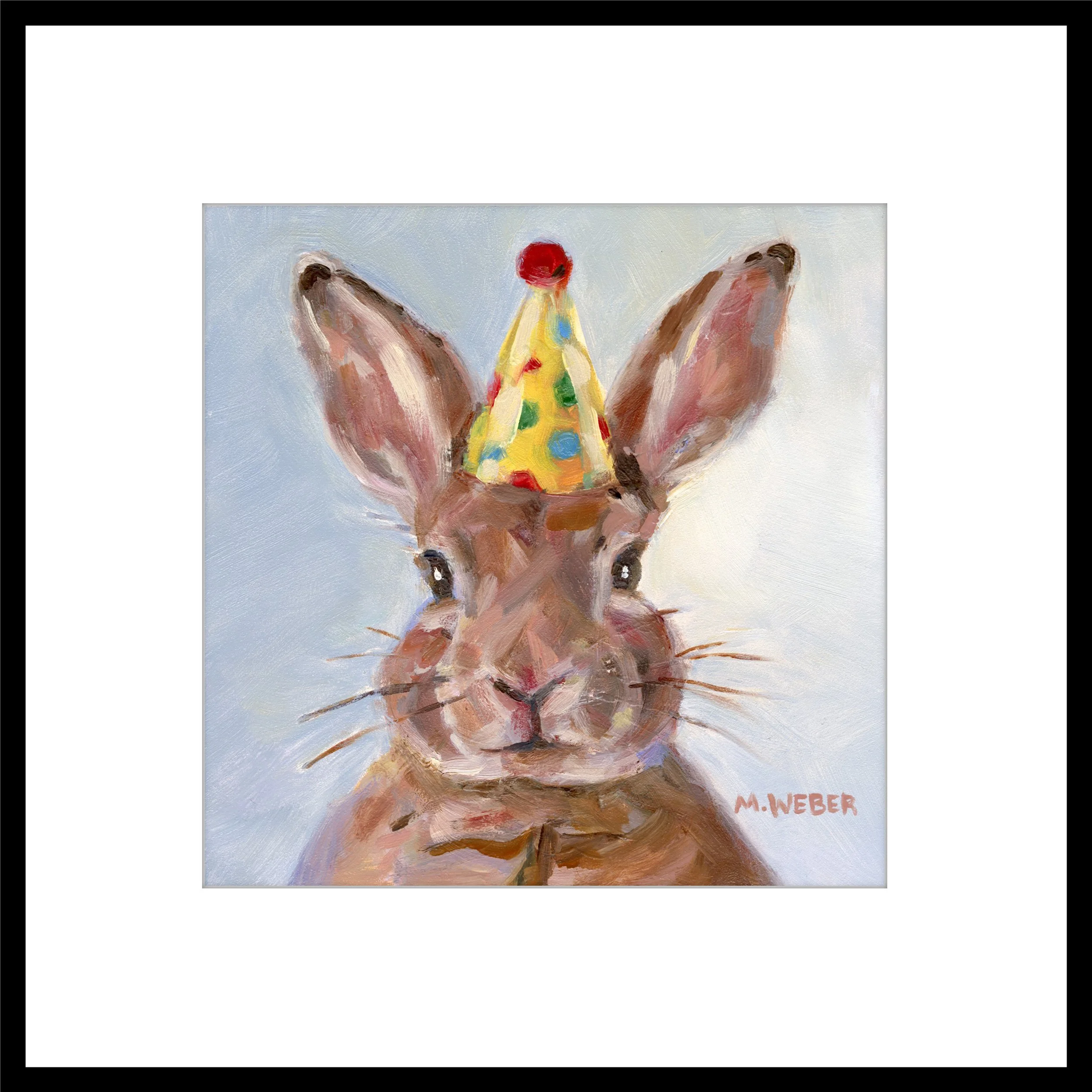 Archie the Bunny Rabbit giclée fine art print by Merrill Weber, matted and in a black frame