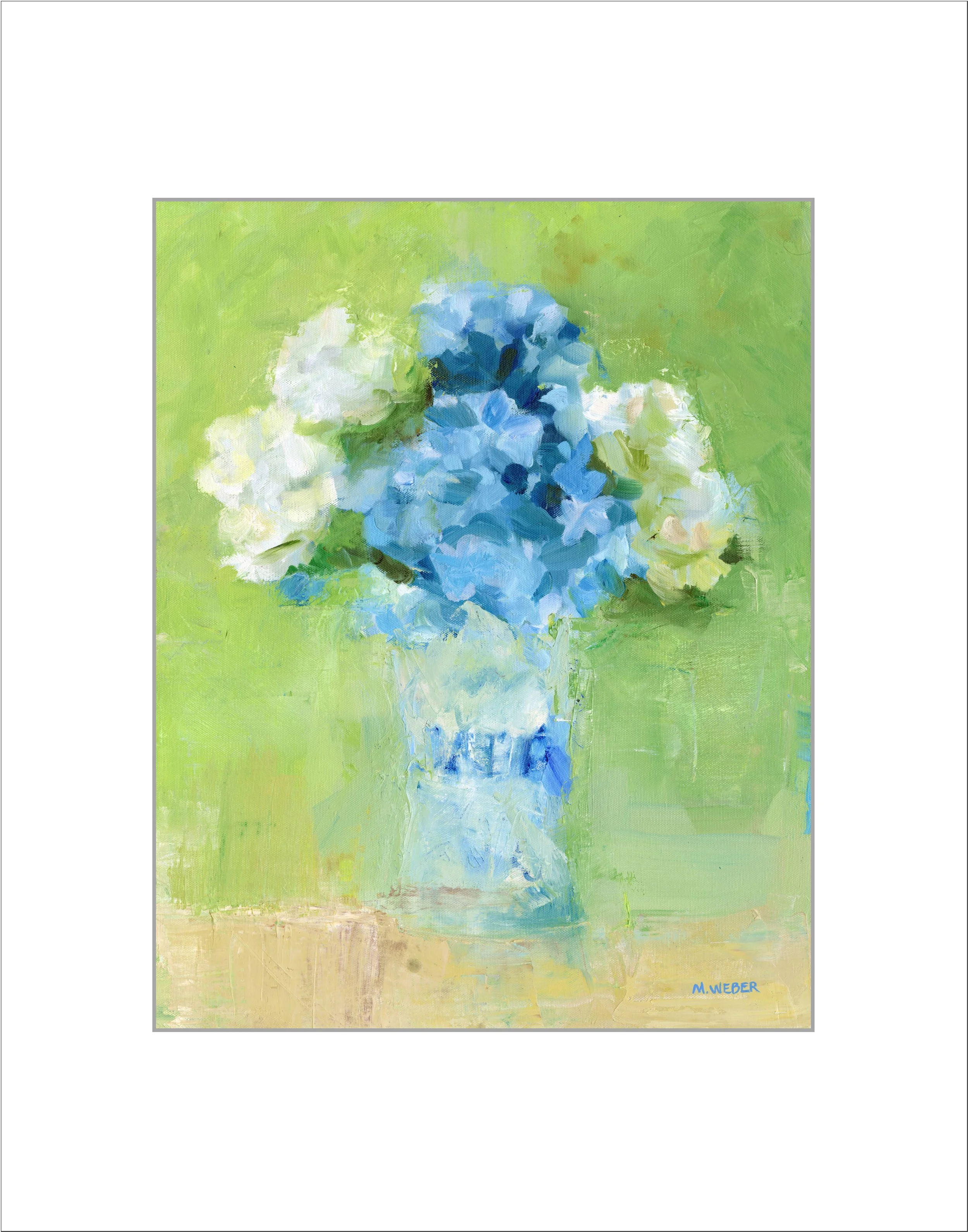 Matted fine art print of blue and white hydrangeas against a soft green background, created with expressive brushwork and palette knife texture by Merrill Weber