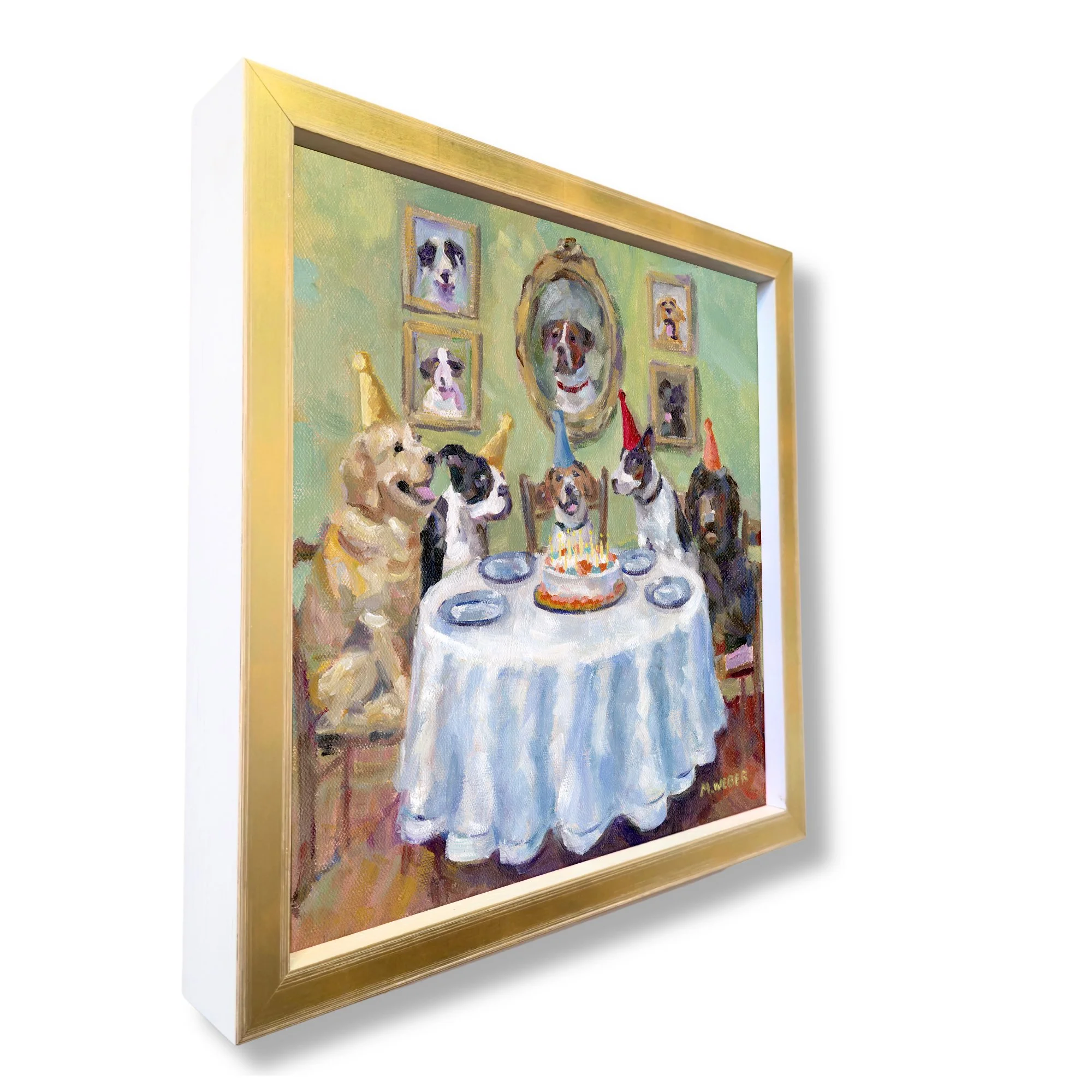 Henry's Birthday Party original framed oil painting by Merrill Weber, five dogs in party hats celebrating around a birthday cake, Party Animals series