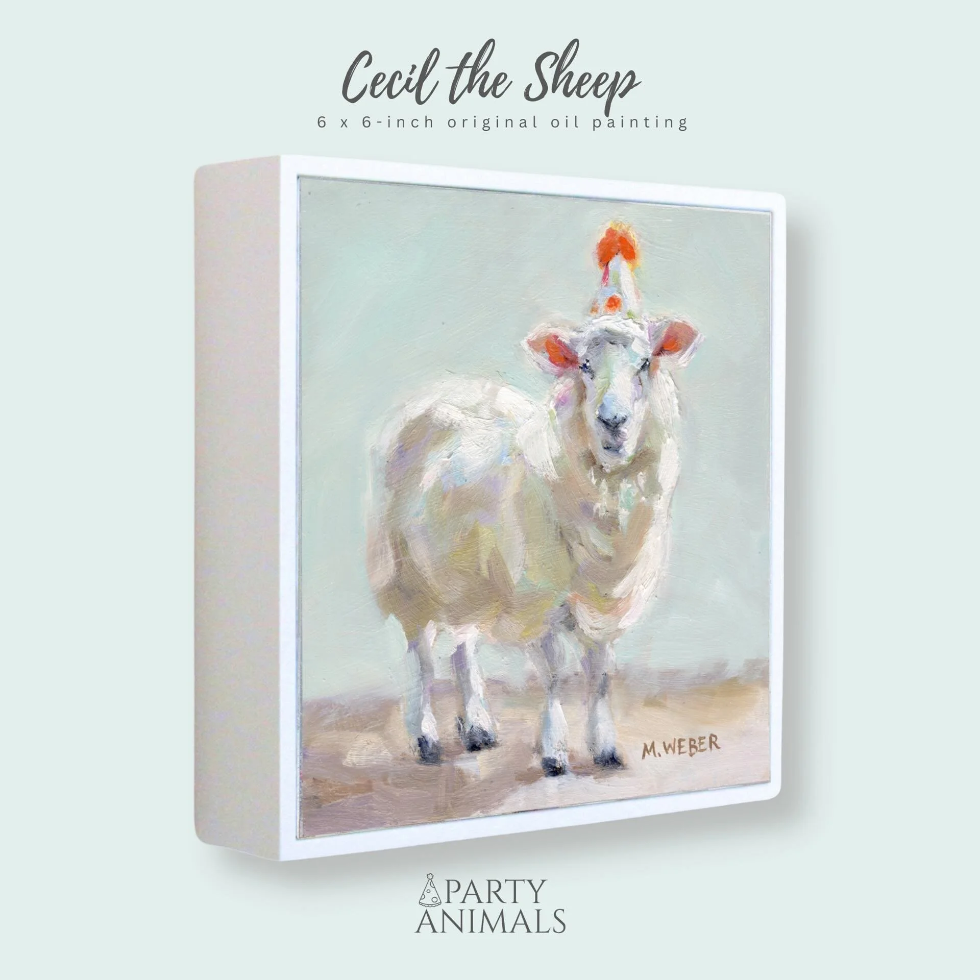 Eloise, a dancing pig in a tutu wearing a party hat, 8x8 oil painting on wood by Merrill Weber from the Party Animals series.