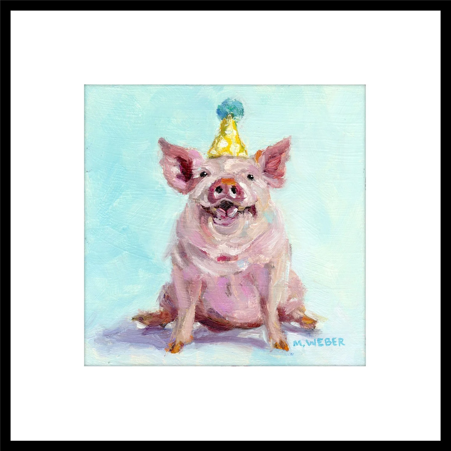 Otis the Pig framed giclée fine art print by Merrill Weber displayed with wide white mat and black square frame
