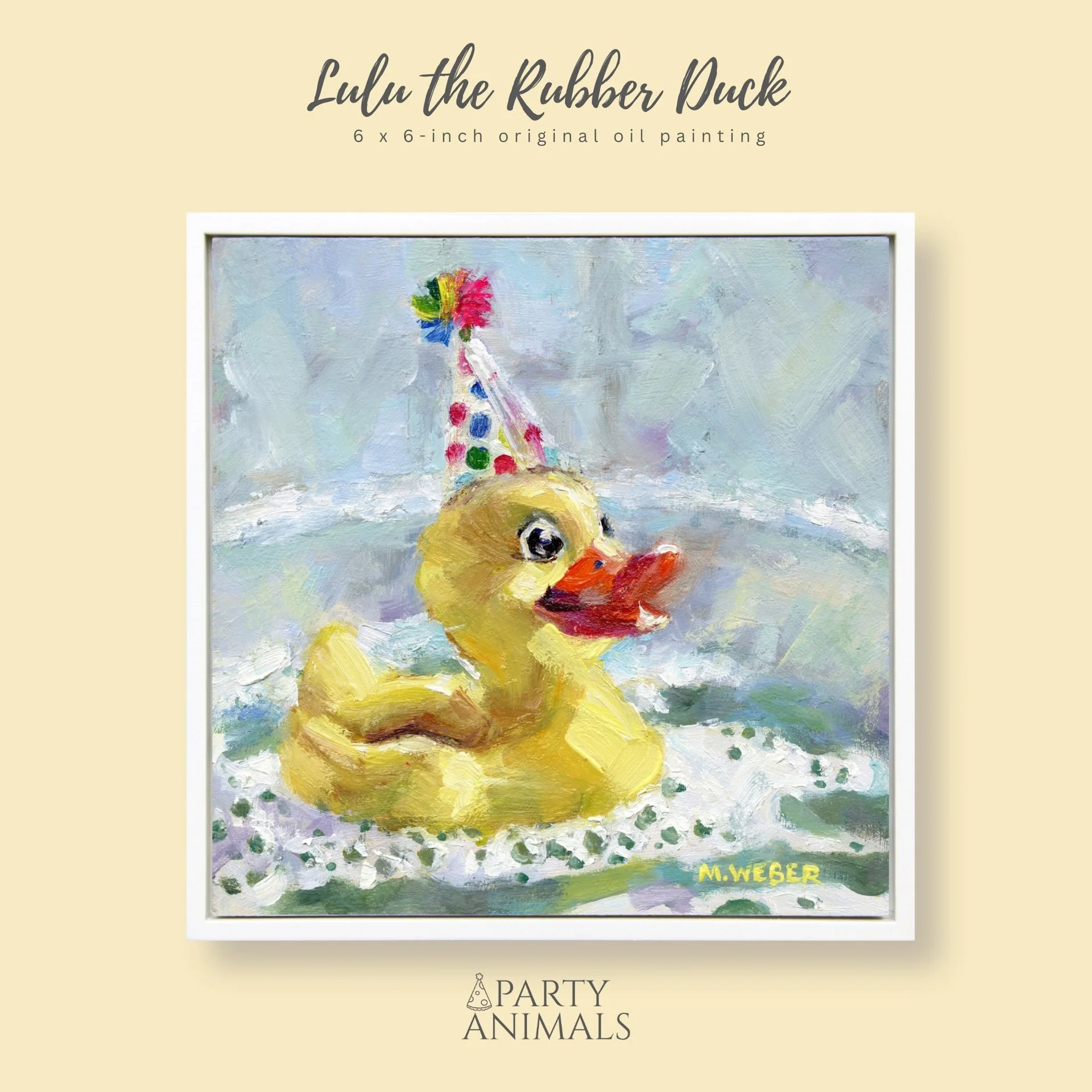 Lulu, a rubber duck wearing a party hat, 6x6 oil painting on wood by Merrill Weber from the Party Animals series.