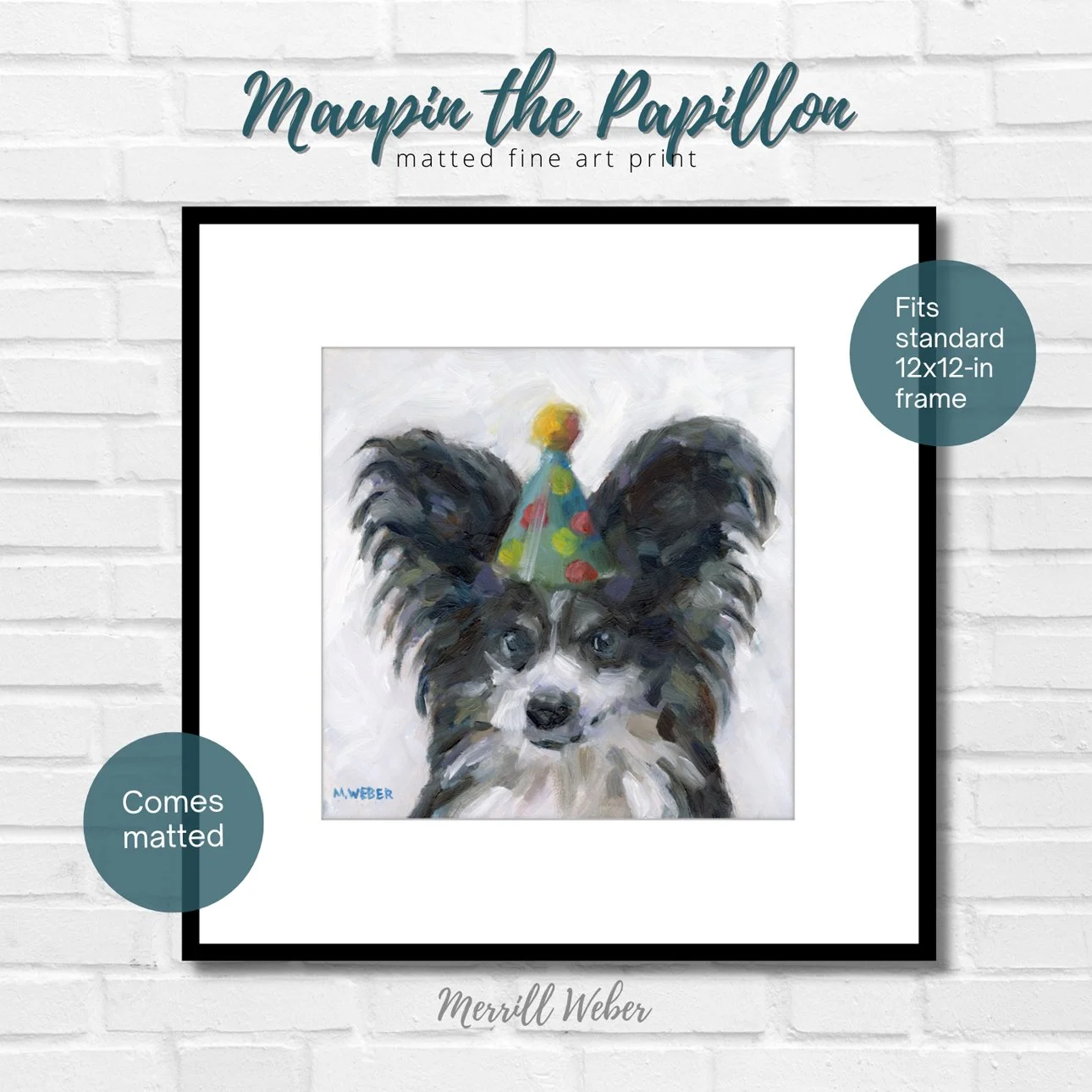 Maupin the Papillon matted fine art print by Merrill Weber ready for easy framing, a black and white papillon pet portrait with a party hat from the Party Animals series
