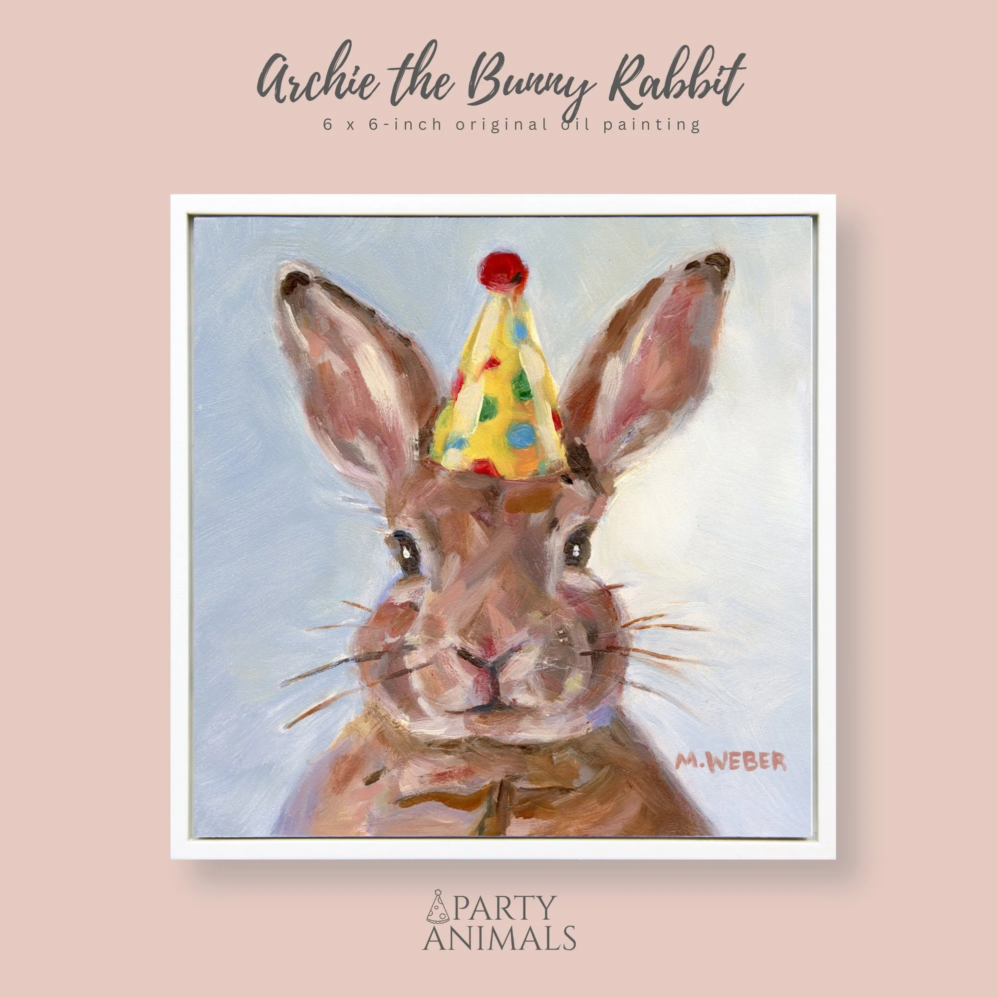 Archie the Bunny Rabbit mini oil painting by Merrill Weber in a custom white poplar floater frame, bunny rabbit wearing a polka dotted party hat. Part of the Party Animals series