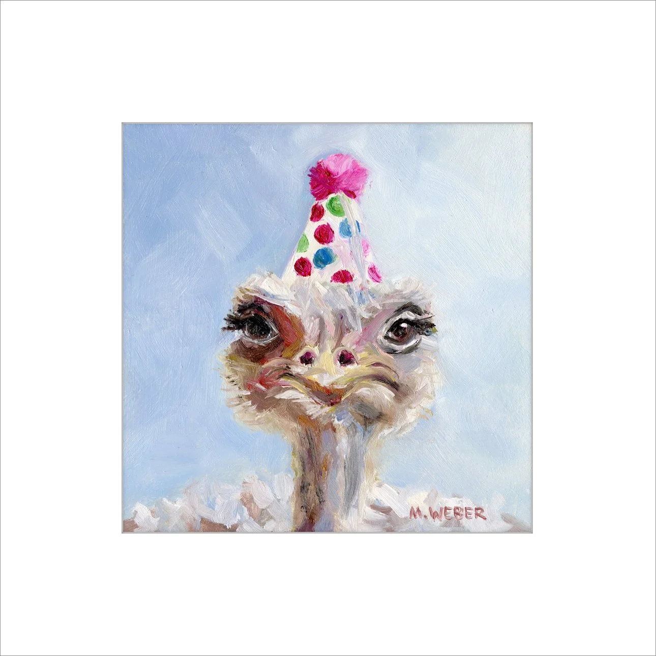 Agnes the Ostrich matted fine art print by Merrill Weber ready for easy framing, an ostrich face with a party hat painted in oil against a soft periwinkle sky
