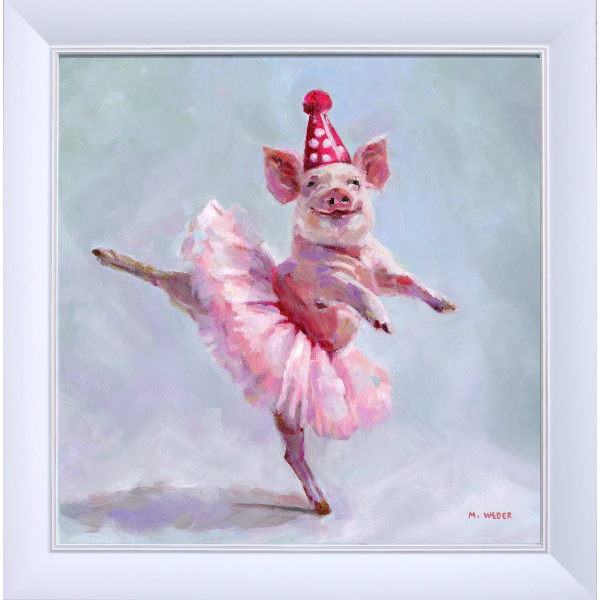 Framed original oil painting Juliette the Dancing Pig by Merrill Weber featuring a ballerina pig in a pink tutu and polka dotted party hat.
