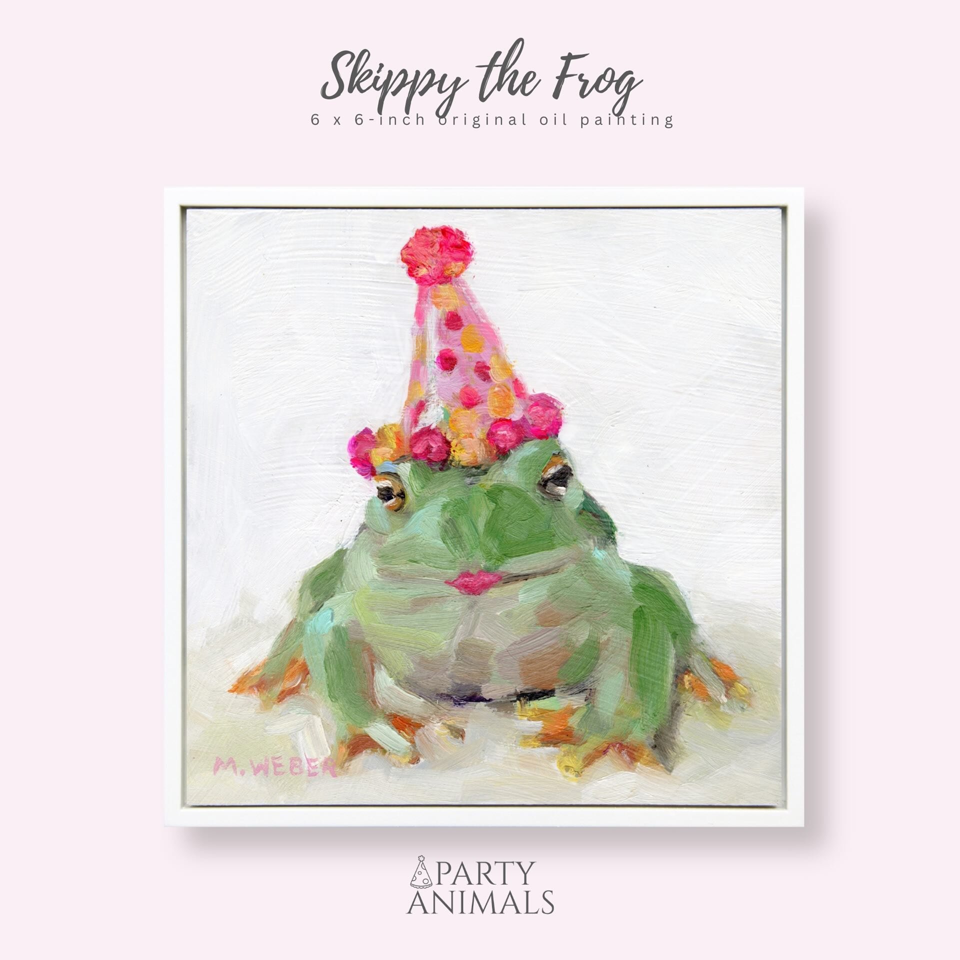 Skippy, a green frog wearing a party hat, 6x6 oil painting on wood by Merrill Weber from the Party Animals series.
