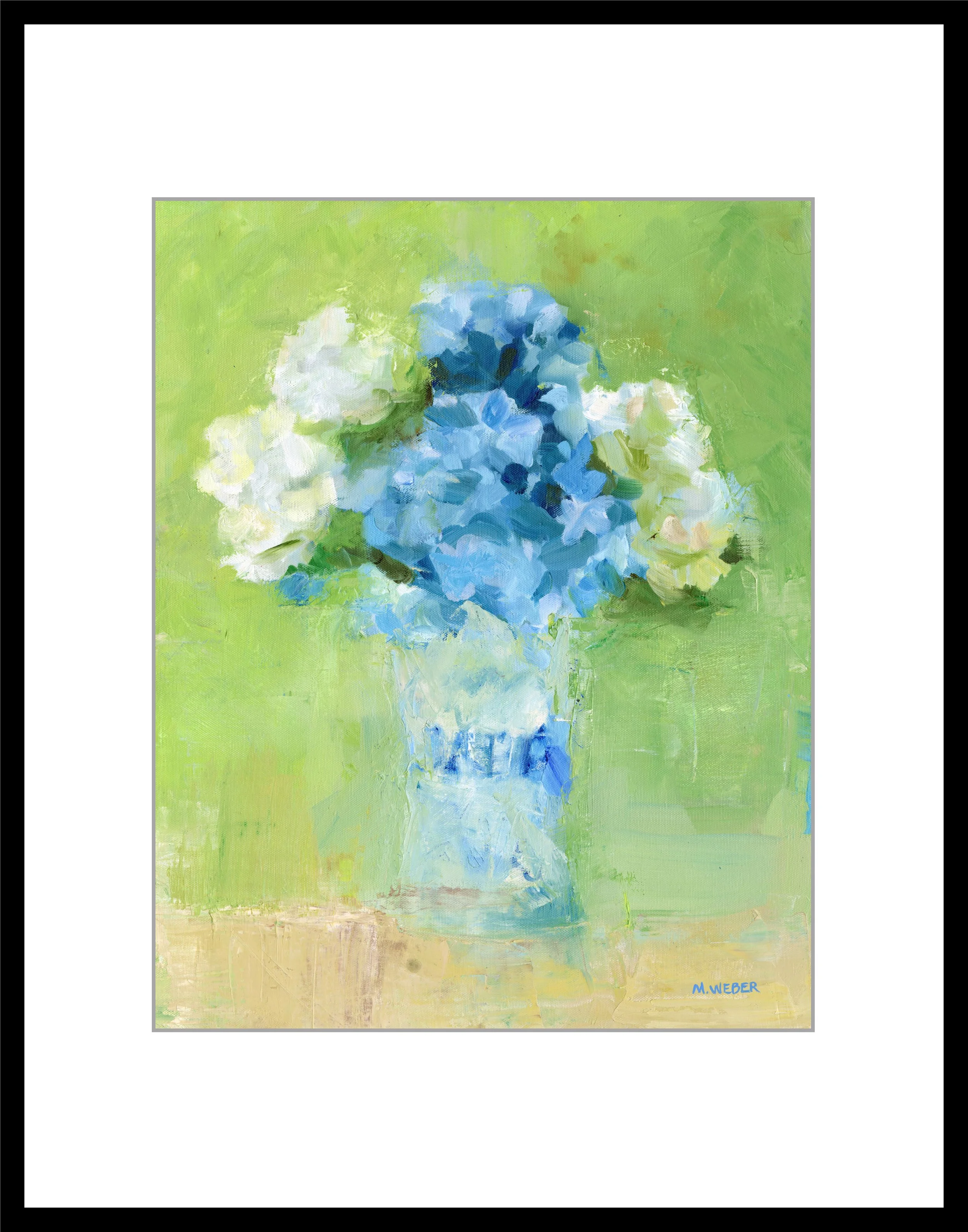 Matted fine art print of blue and white hydrangeas against a soft green background, created with expressive brushwork and palette knife texture by Merrill Weber