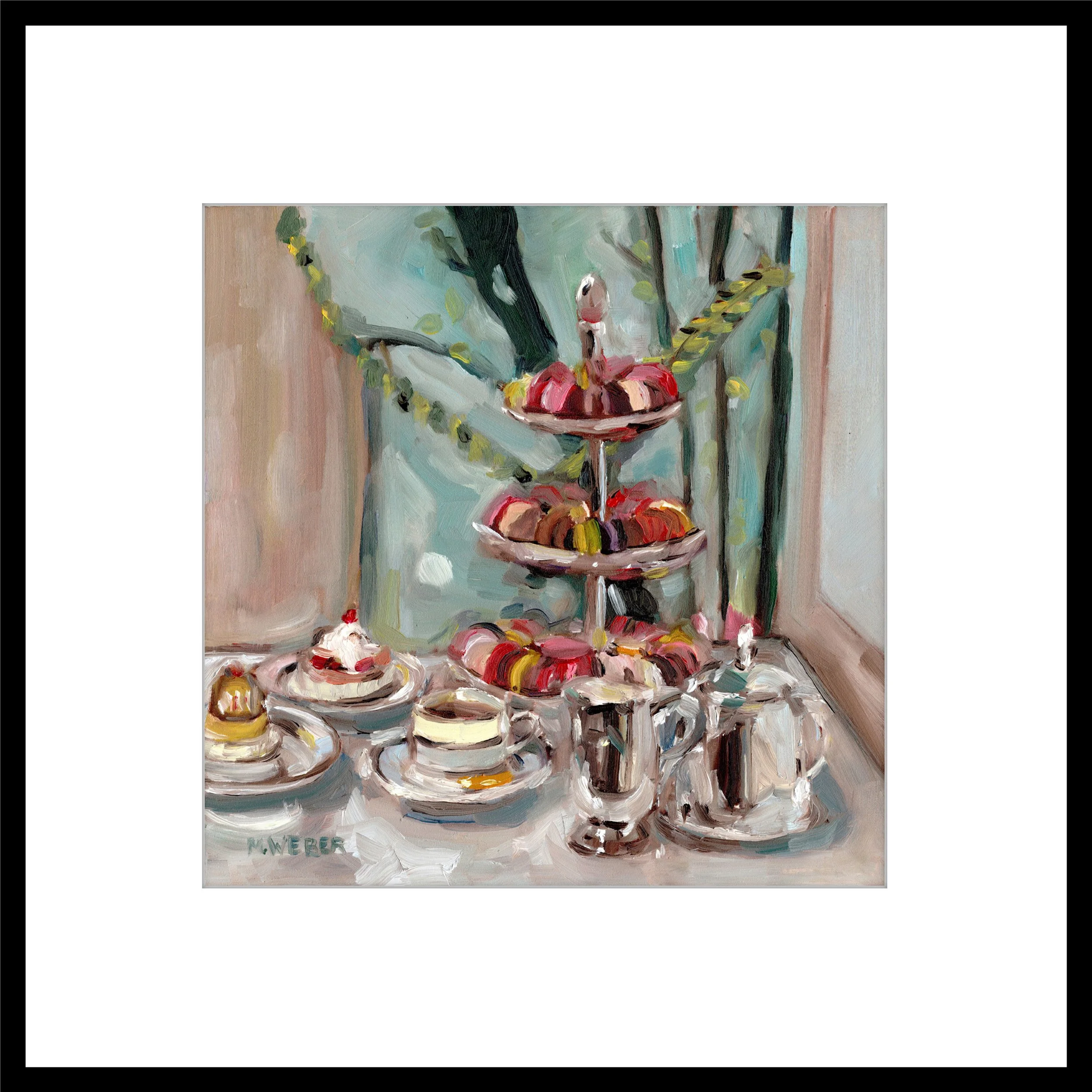 Afternoon Tea giclee art print by Merrill Weber showing macaron tower, teacups, and silver teapot in painterly still life scene