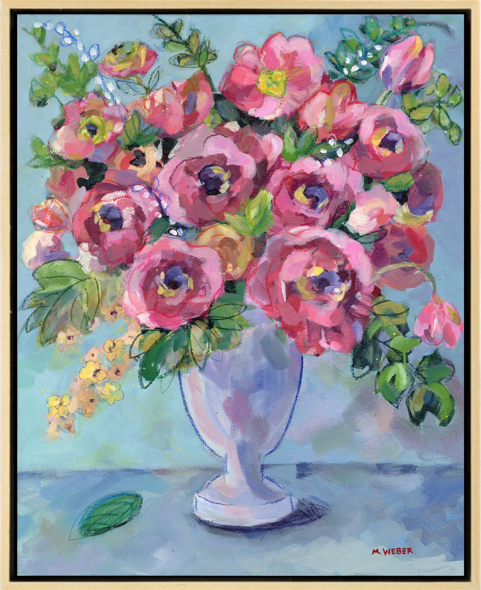 Original mixed media floral painting by Merrill Weber featuring pink roses in blush, magenta, raspberry and coral shades with green eucalyptus in white vase against blue background, 30x24 inches