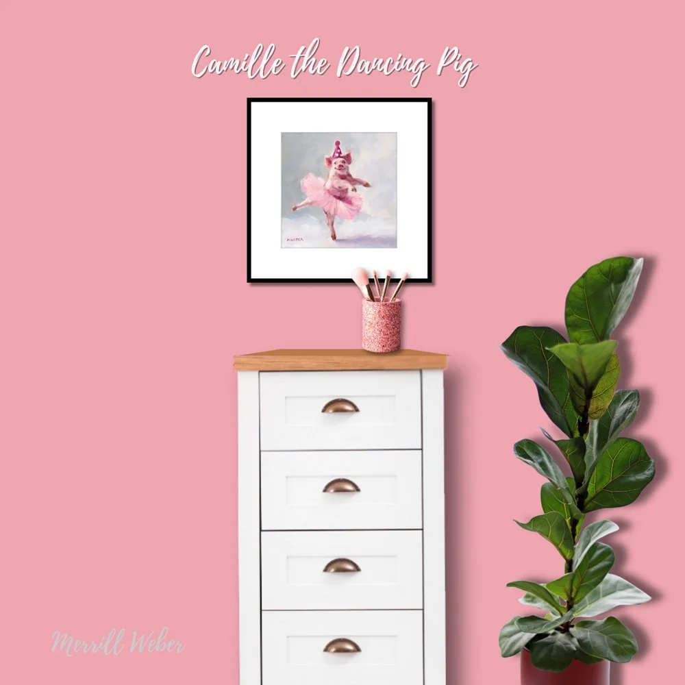 Camille the Dancing Pig framed ballet art print styled on pink wall, girls room wall art, dance decor by Merrill Weber