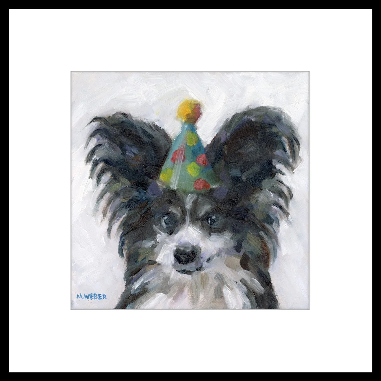 Maupin the Papillon fine art print by Merrill Weber shown framed, a black and white papillon pet portrait with a party hat from the Party Animals series