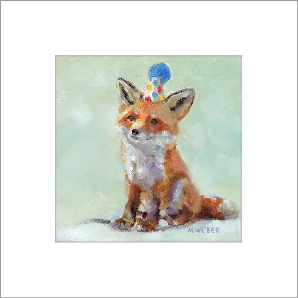 Close-up of Hazel the Fox original oil painting, red fox in party hat, expressive brushwork by Merrill Weber