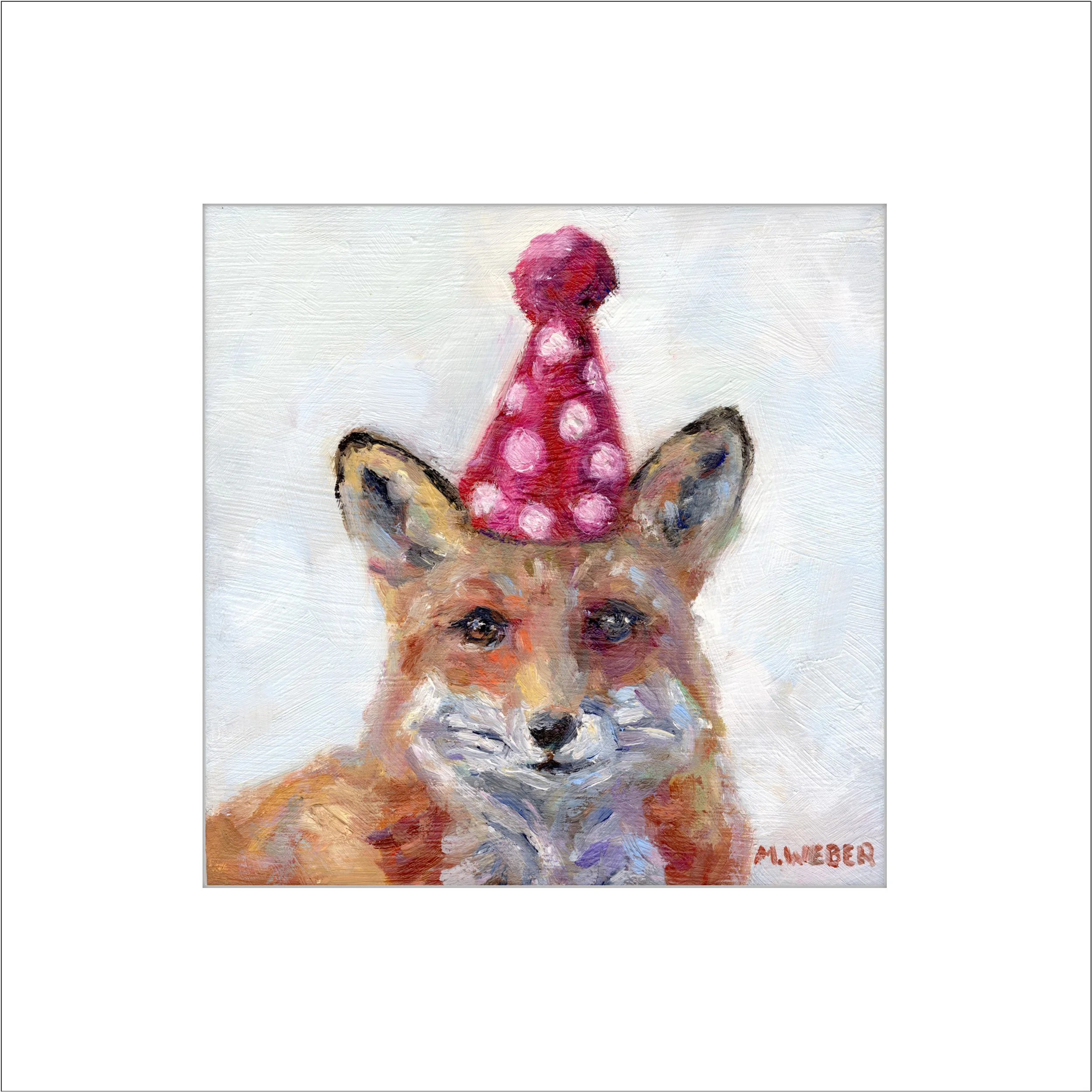 Hollis the Fox matted art print by Merrill Weber, whimsical fox with dotted party hat, Party Animals series