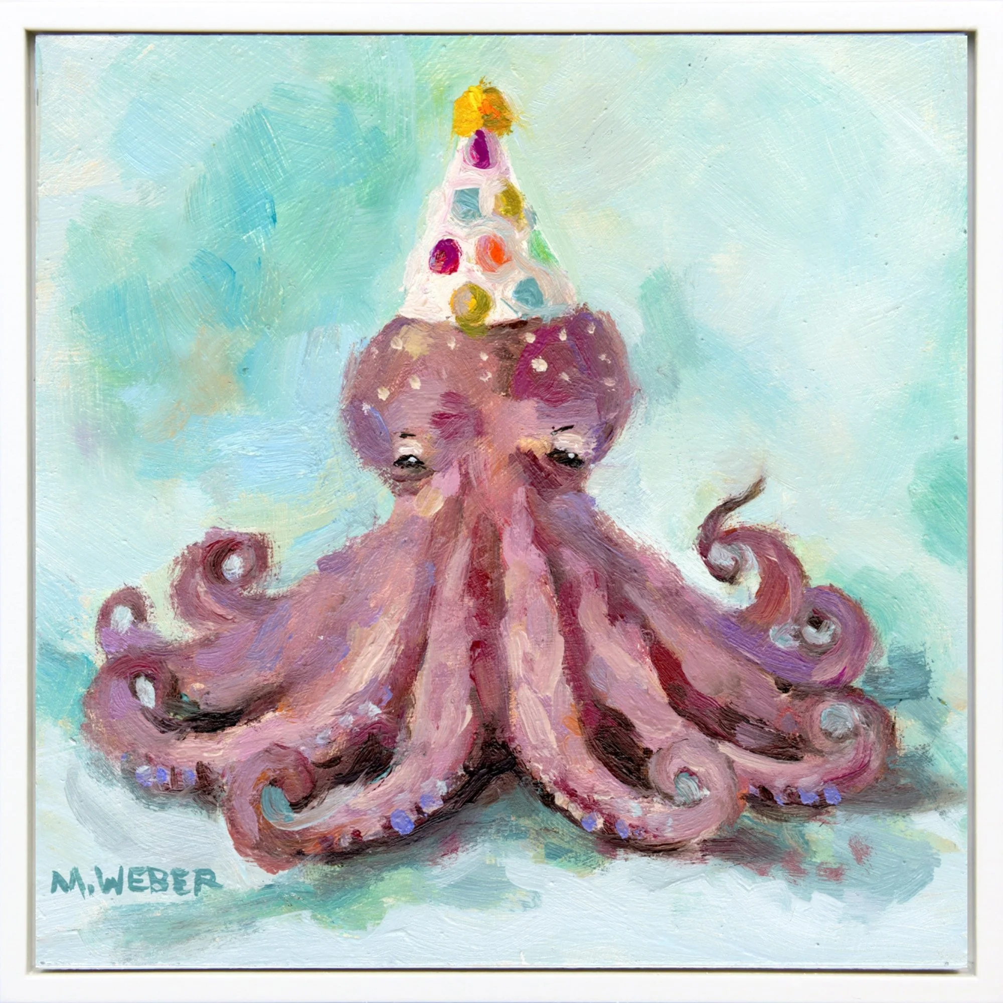 Orson the octopus wearing a party hat, 6x6 framed oil painting on wood by Merrill Weber from the Party Animals series.
