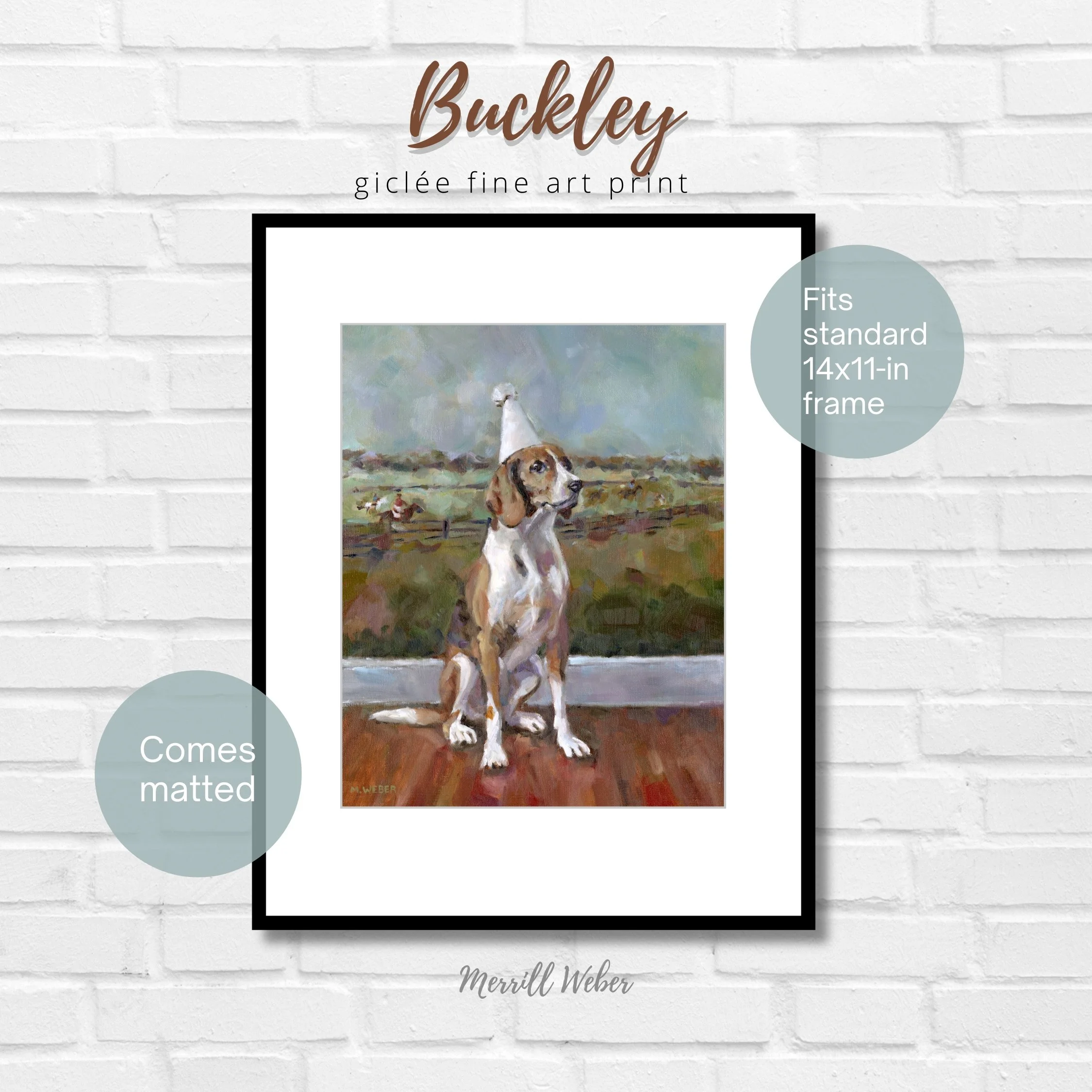 Buckley the Dog giclée print with white mat, shown in a standard 14 x 11 inch frame
