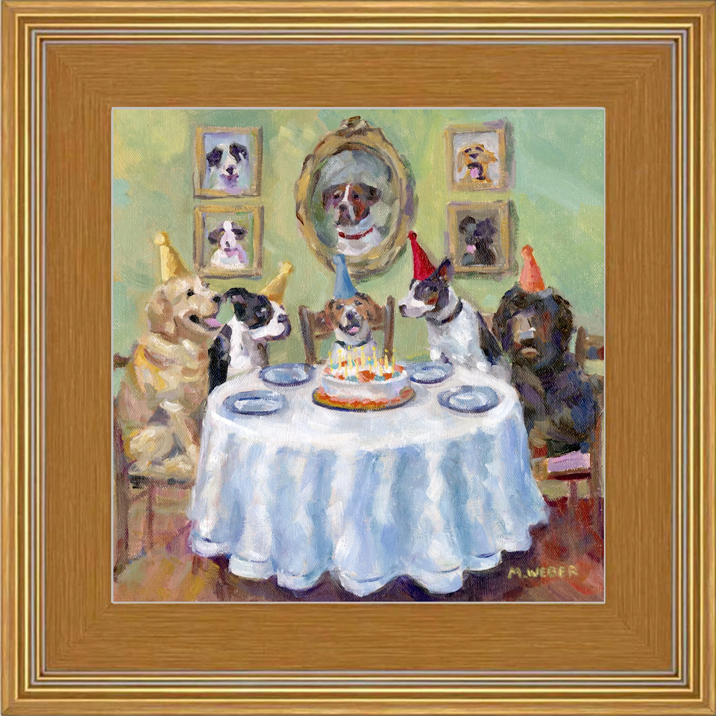 A Celebration for Henry original oil painting in gold plein air frame by Merrill Weber, framed dog birthday art, Party Animals series