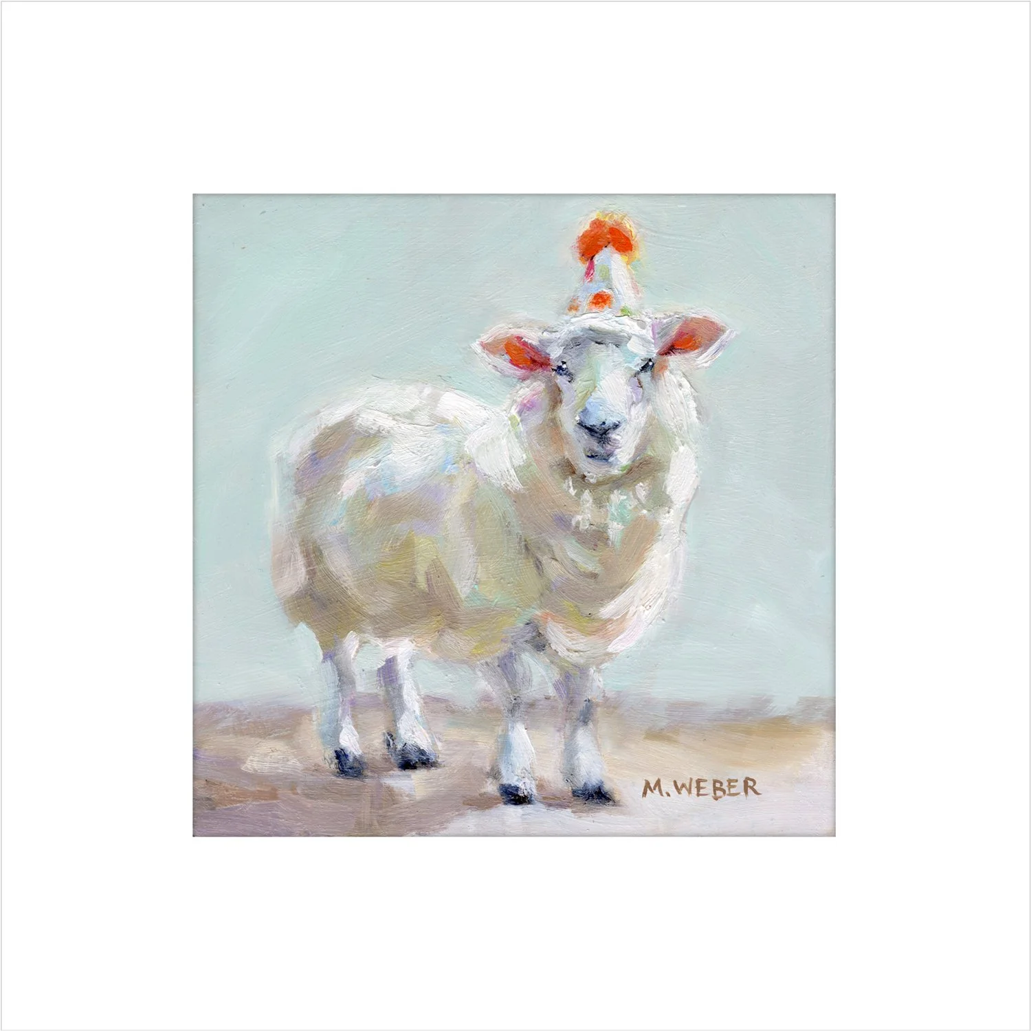 Cecil the Sheep matted giclée fine art print by Merrill Weber featuring a white sheep in a party hat against a soft blue background