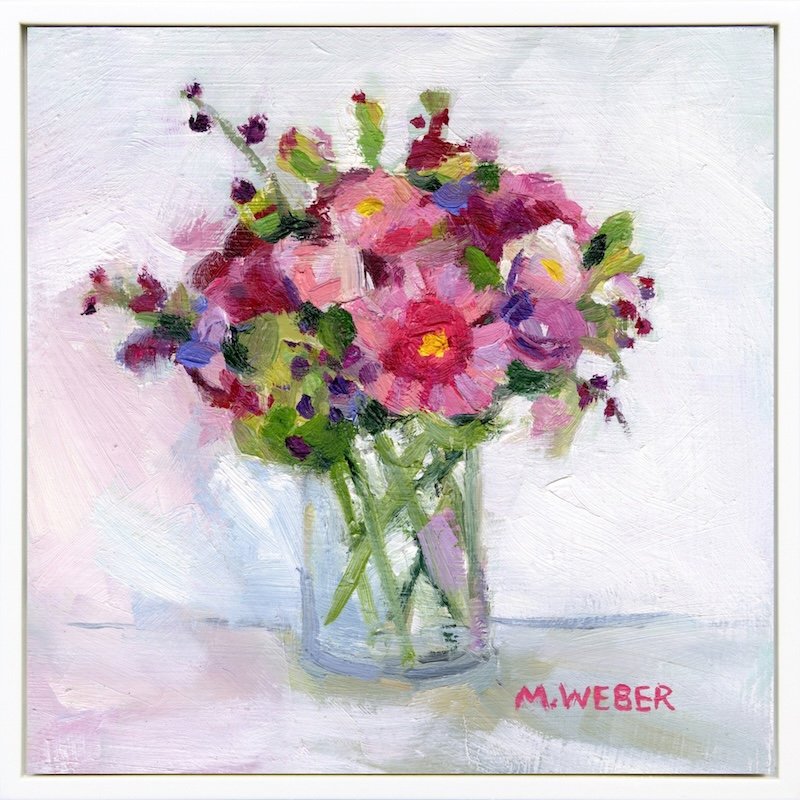 floral oil painting by merrill weber shown framed. artist retains copyright on all artwork