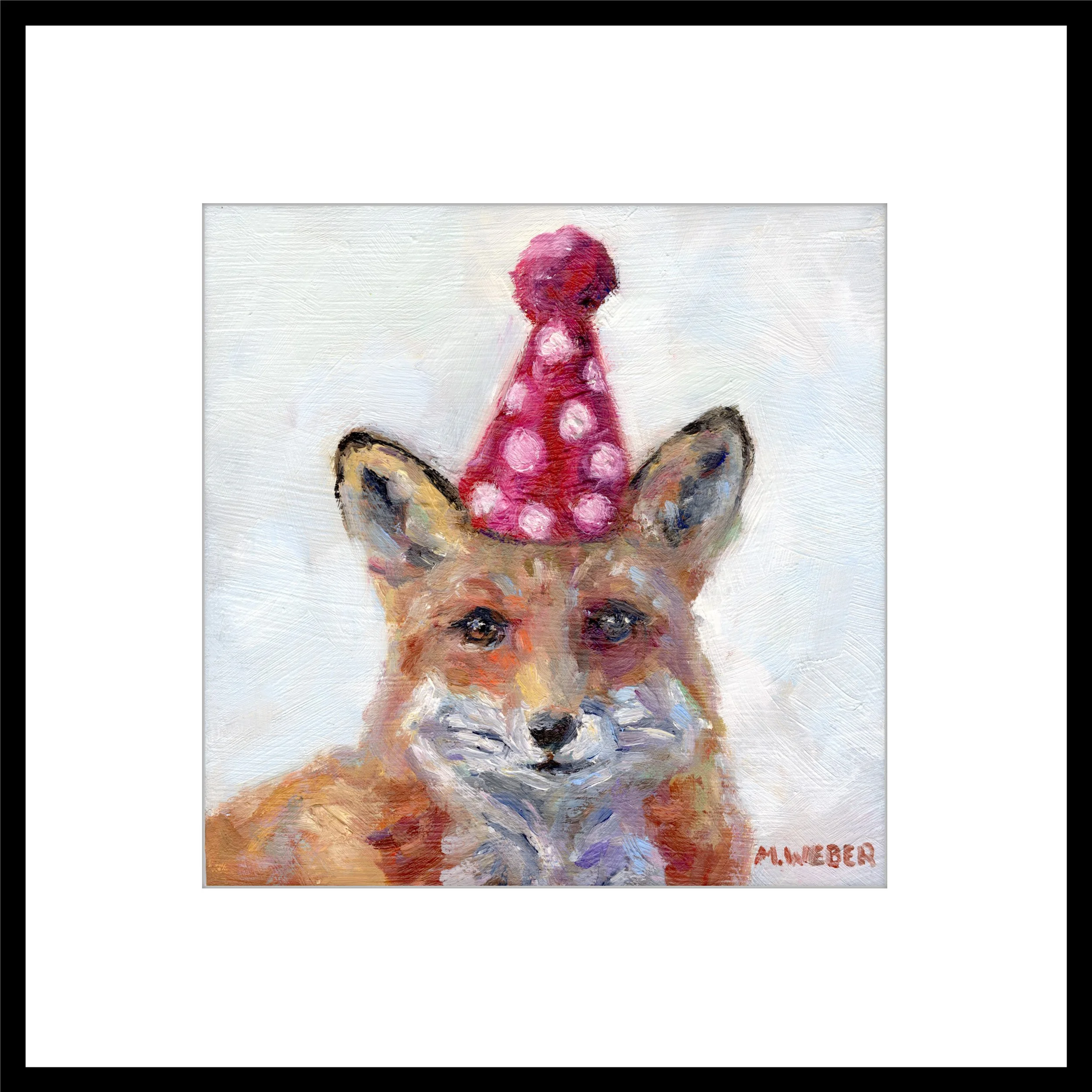 Hollis the Fox art print by Merrill Weber, fox wearing a dotted party hat in an impressionistic oil painting