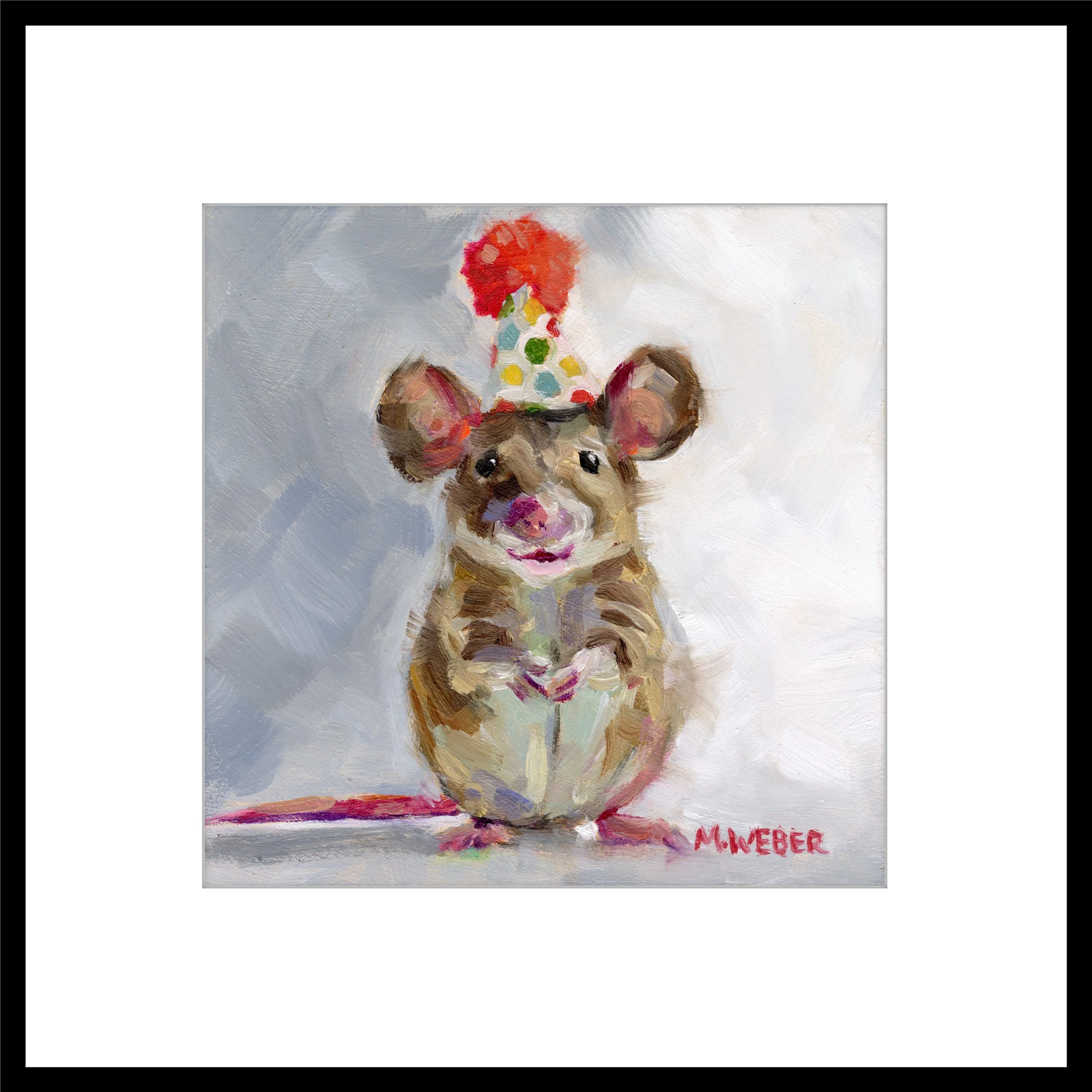 Framed and matted Ernie the Mouse fine art print by Merrill Weber, mouse wearing colorful party hat