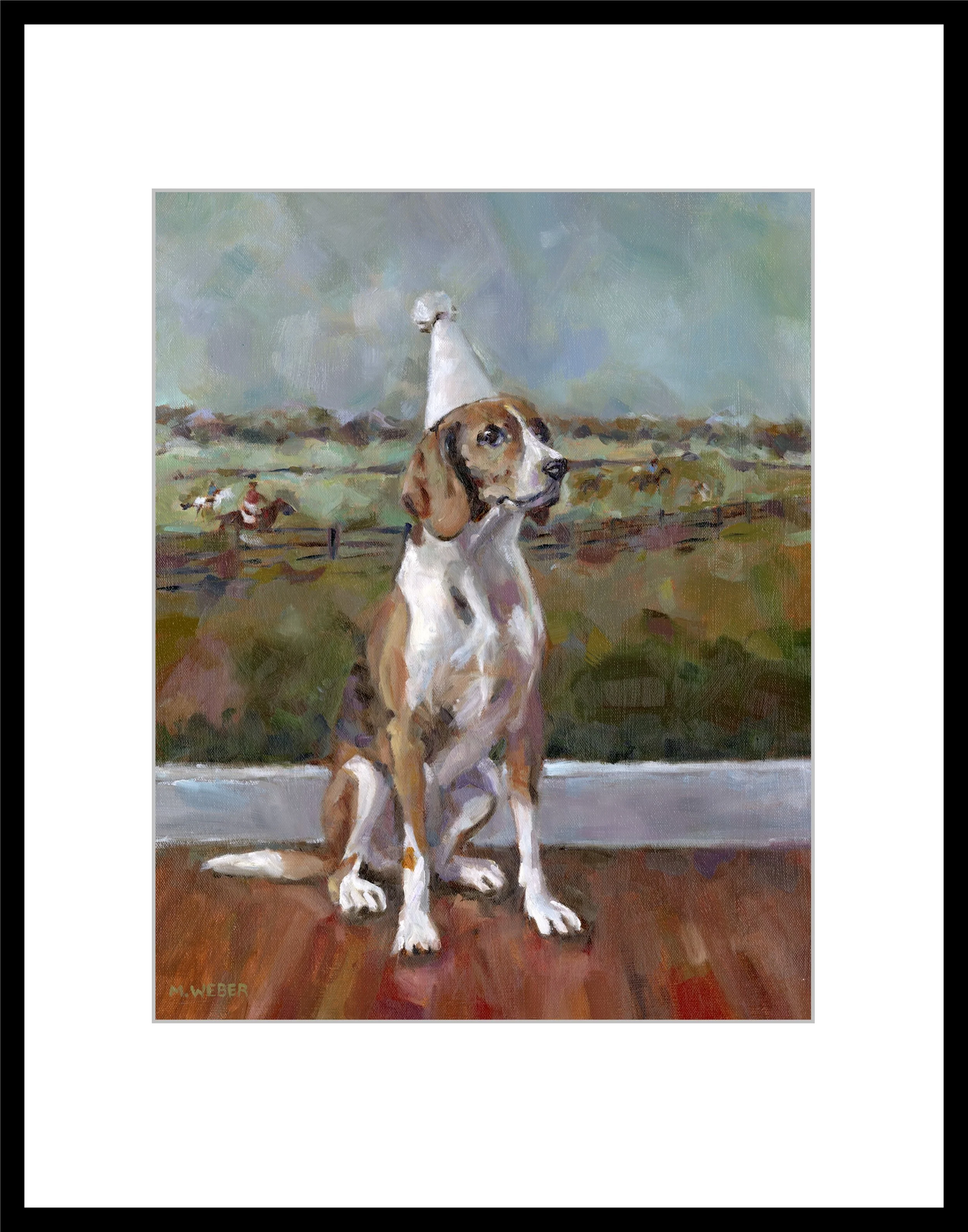 Buckley the Dog in a party hat with horses and countryside in the background