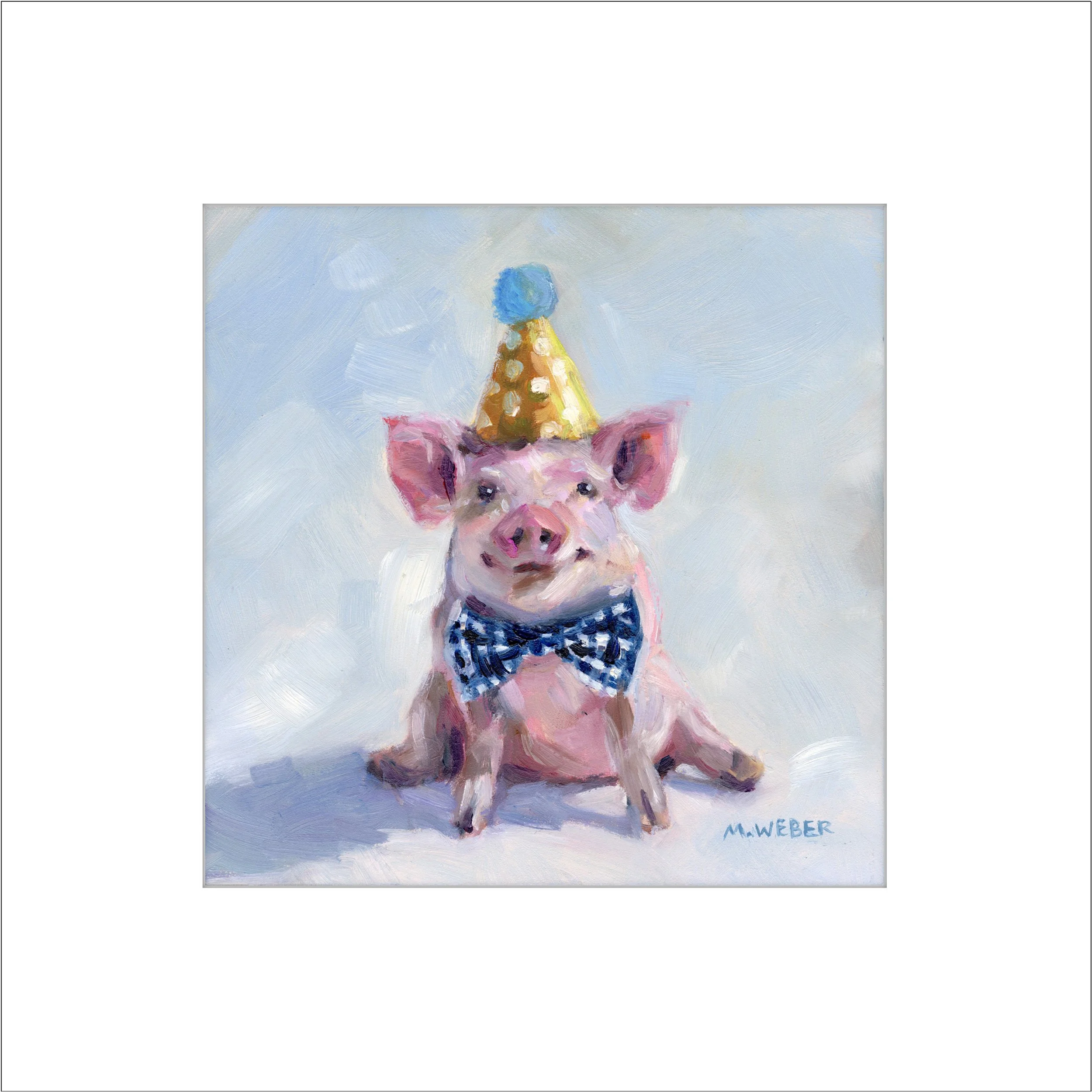 Baxter the Pig matted fine art print by Merrill Weber featuring a pig wearing a party hat and bow tie