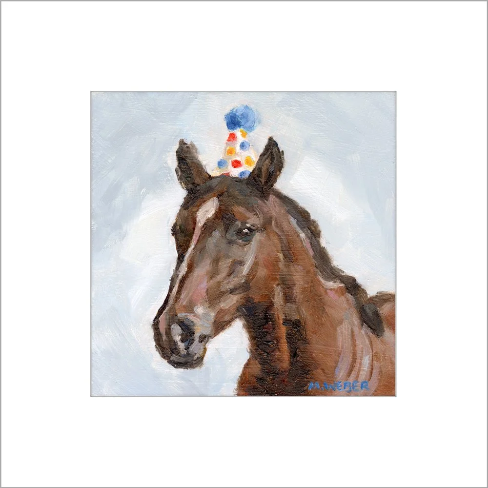 Monty the Horse matted fine art print by Merrill Weber ready for easy framing, a chestnut horse with a party hat painted in oil against a grayish blue background