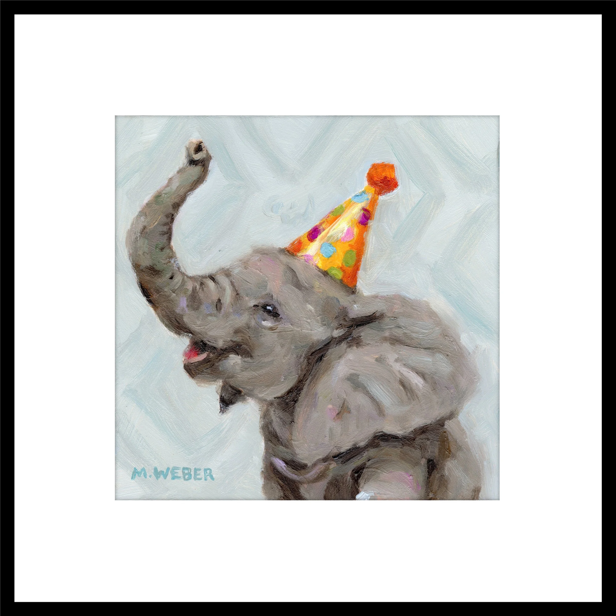 Barnaby the Elephant giclée fine art print by Merrill Weber featuring a joyful gray elephant in a colorful party hat against a soft blue background