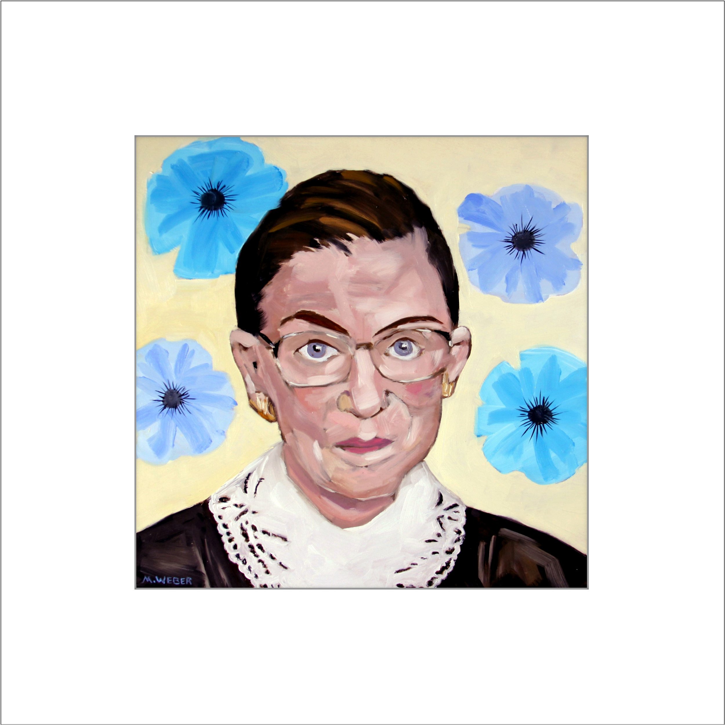 Fine art print of Ruth Bader Ginsburg wearing glasses and a lace collar with blue flowers on a golden yellow background. Matted to 12 x 12 inches. From the Inspirational Women series by Merrill Weber.