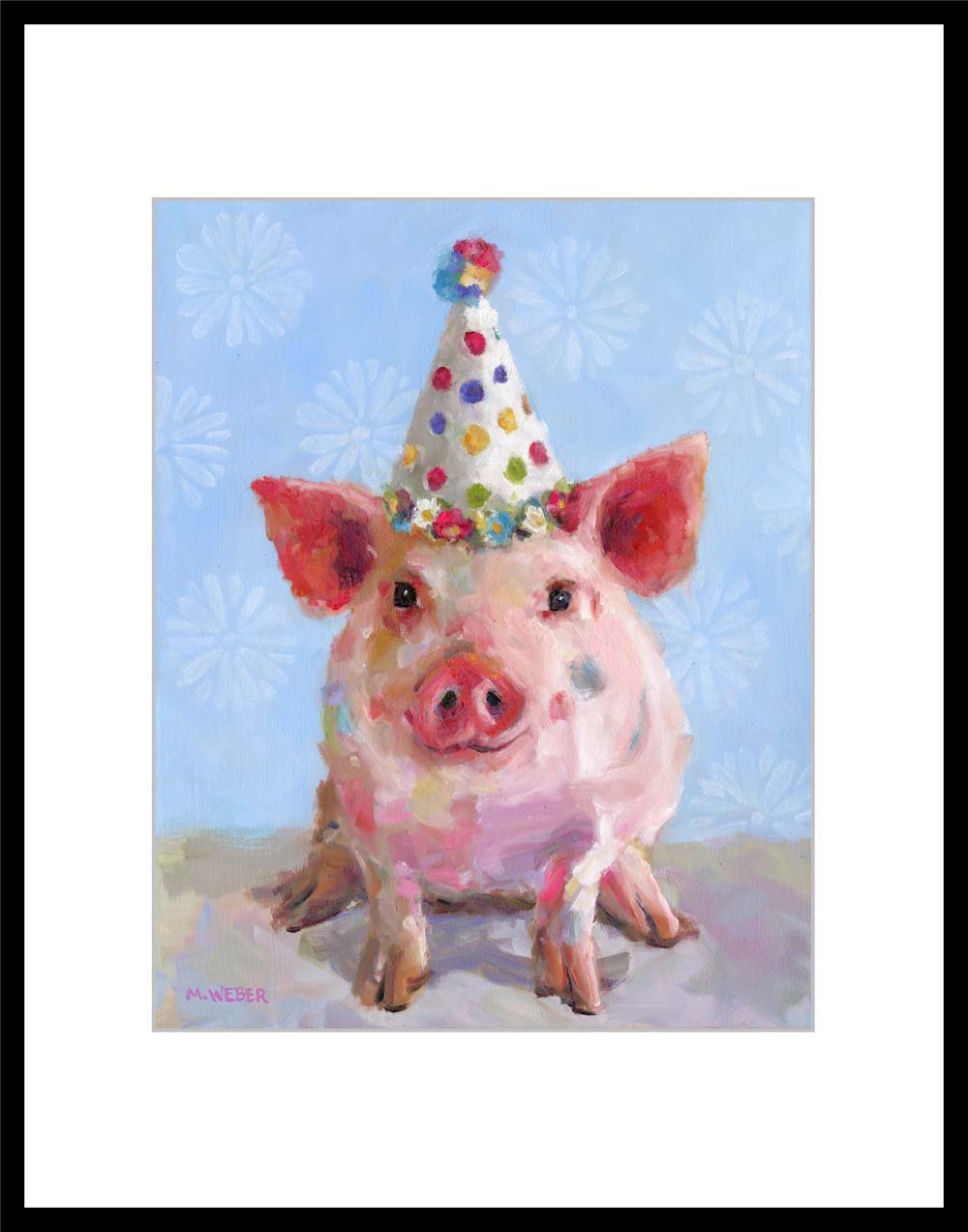 Smiling pink pig in party hat with floral background – fine art print by Merrill Weber