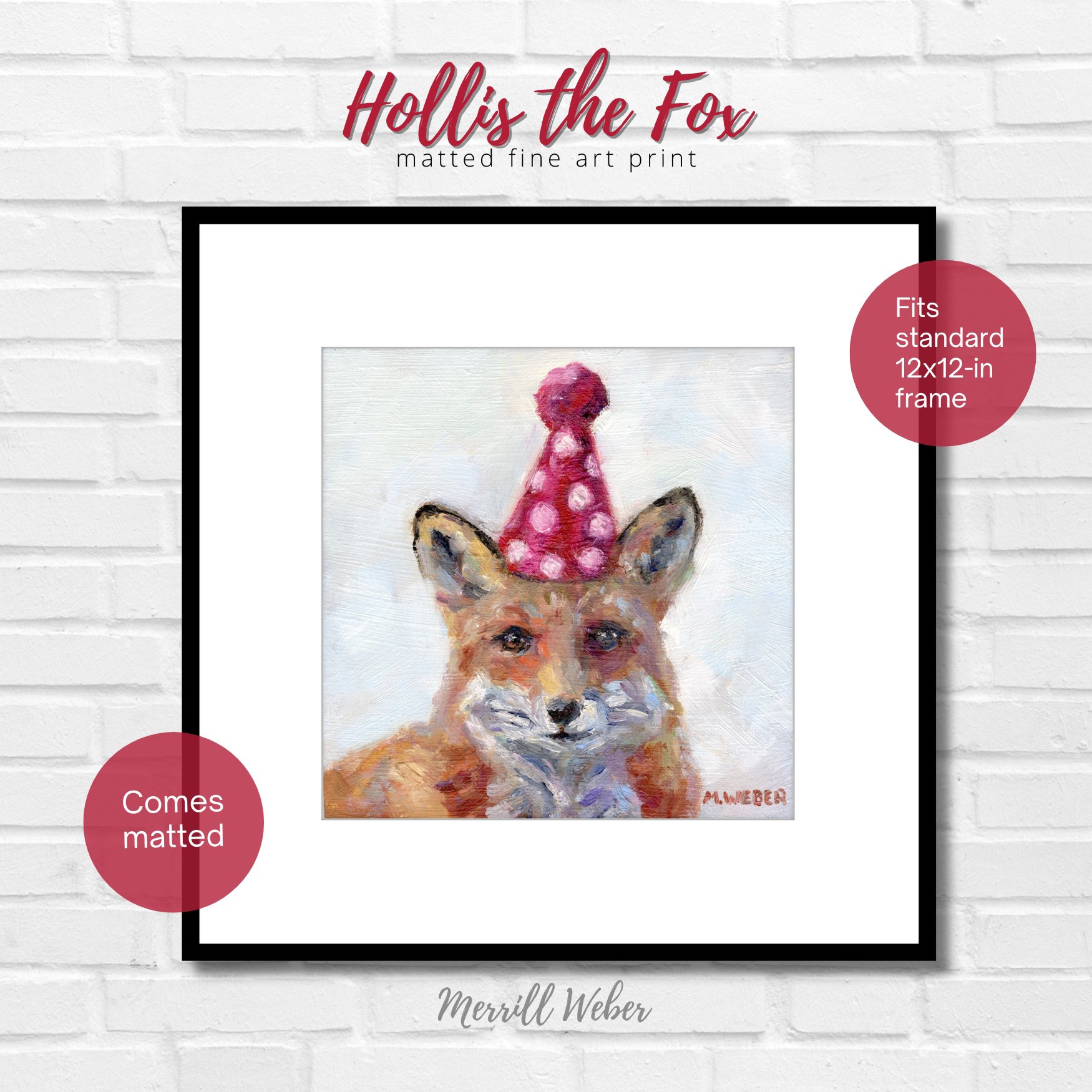 Hollis the Fox matted fox art print by Merrill Weber, Party Animals series, fits a standard 12 x 12 frame