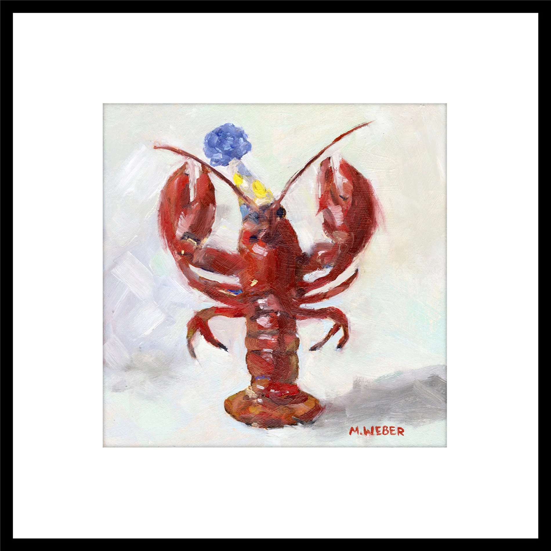Fitzgerald the Lobster framed giclée fine art print by Merrill Weber with wide white mat and black square frame