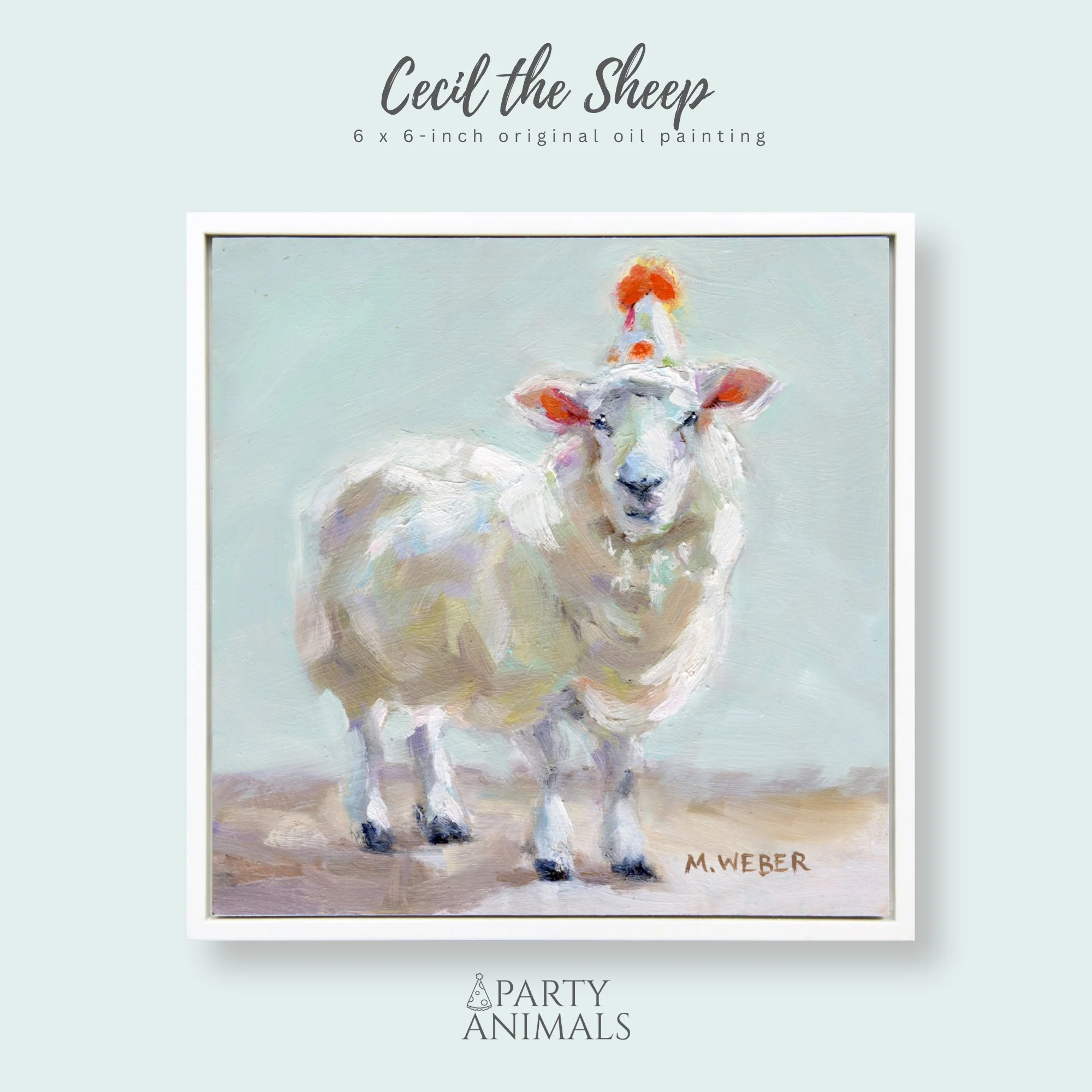 Eloise, a dancing pig in a tutu wearing a party hat, 8x8 oil painting on wood by Merrill Weber from the Party Animals series.