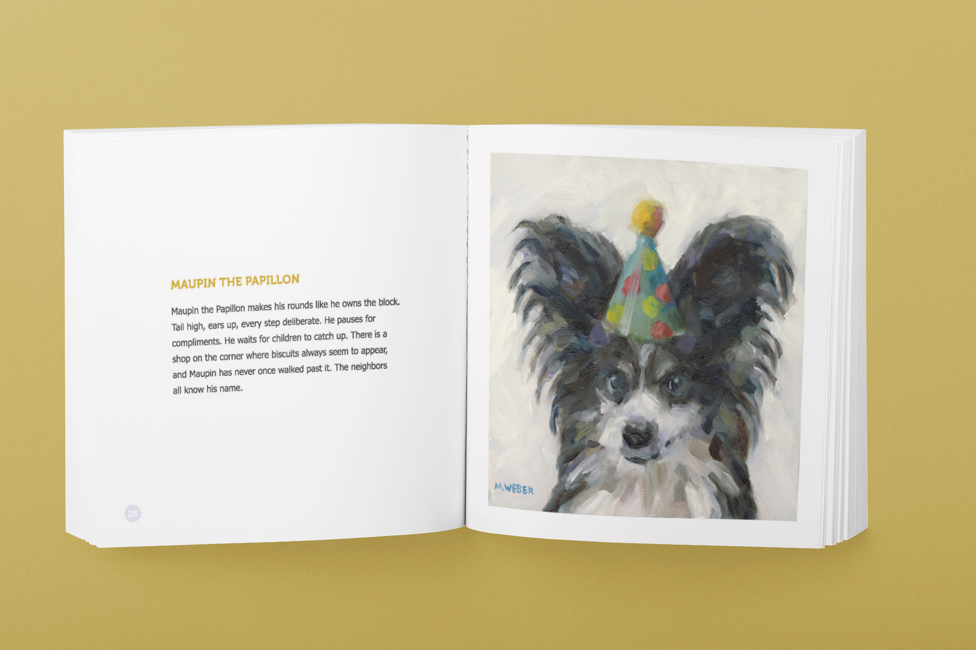 Alt Text  Open spread from Party Animals book showing Maupin the Papillon wearing a polka-dotted party hat beside accompanying story text.