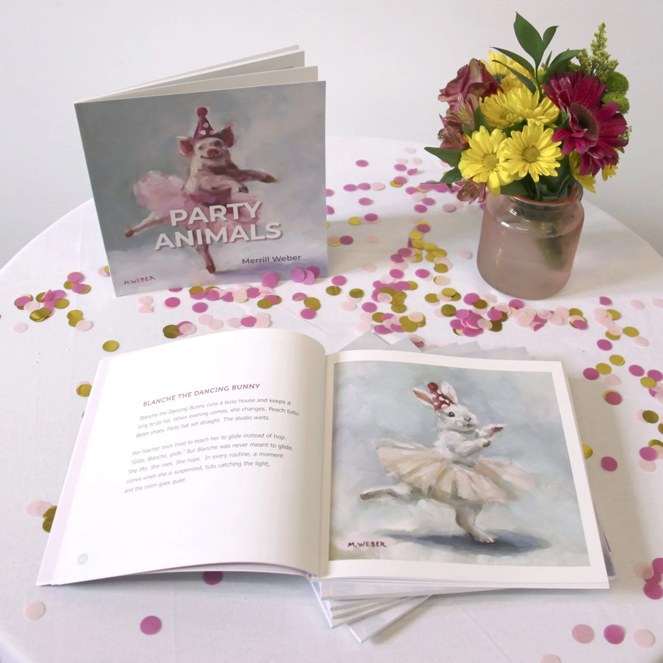 Party Animals art book interior spread, Blanche the Dancing Bunny original oil painting, signed copies by artist Merrill Weber