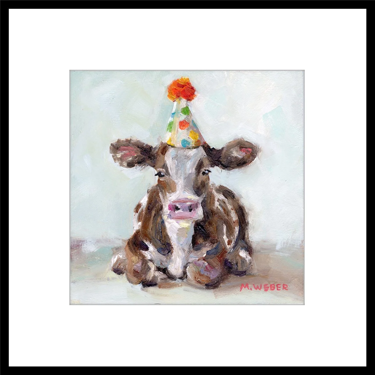 Matilda the Cow fine art print by Merrill Weber in an optional frame, fits a standard 12x12 frame, a brown and white cow with a party hat painted in oil against a pale sage background