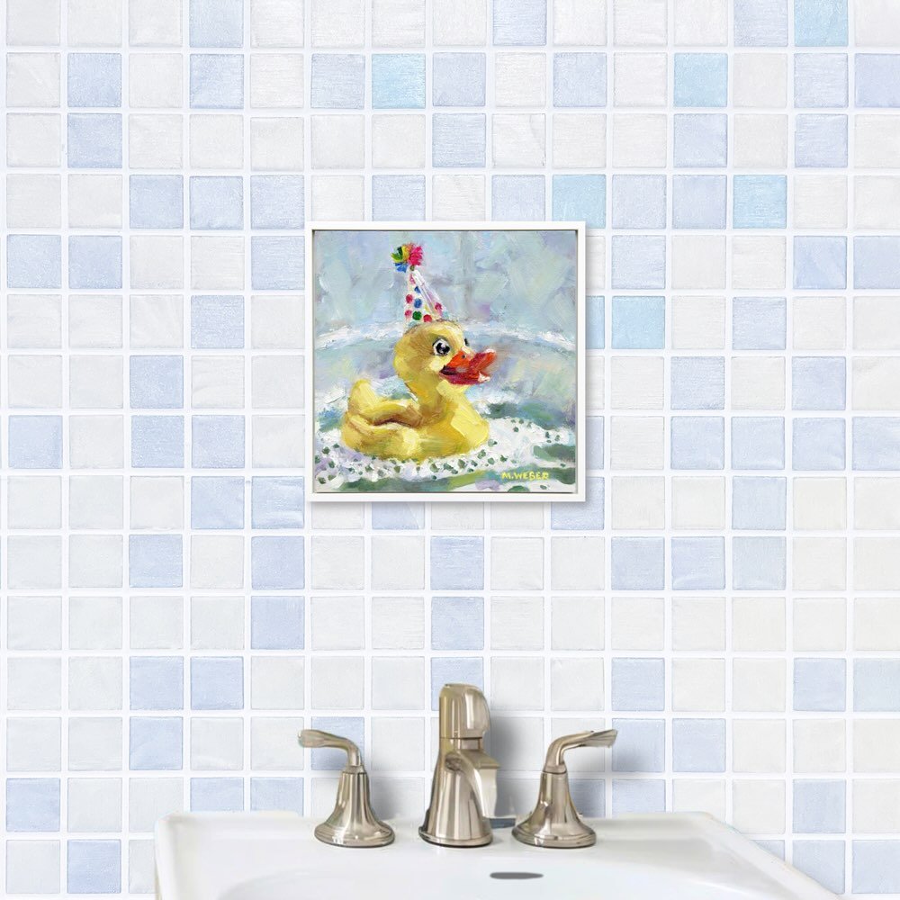 Lulu, a rubber duck wearing a party hat, 6x6 oil painting on wood by Merrill Weber from the Party Animals series.