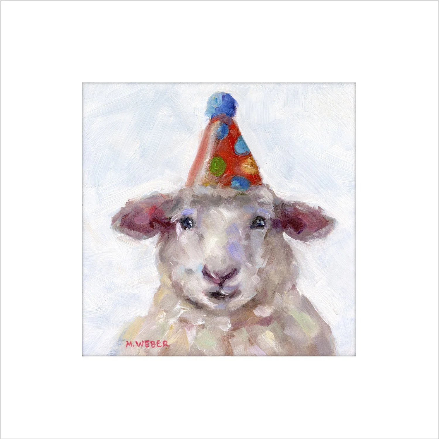 Emerson the Sheep giclée fine art print by Merrill Weber featuring a white sheep wearing a colorful polka dot party hat against a soft blue background