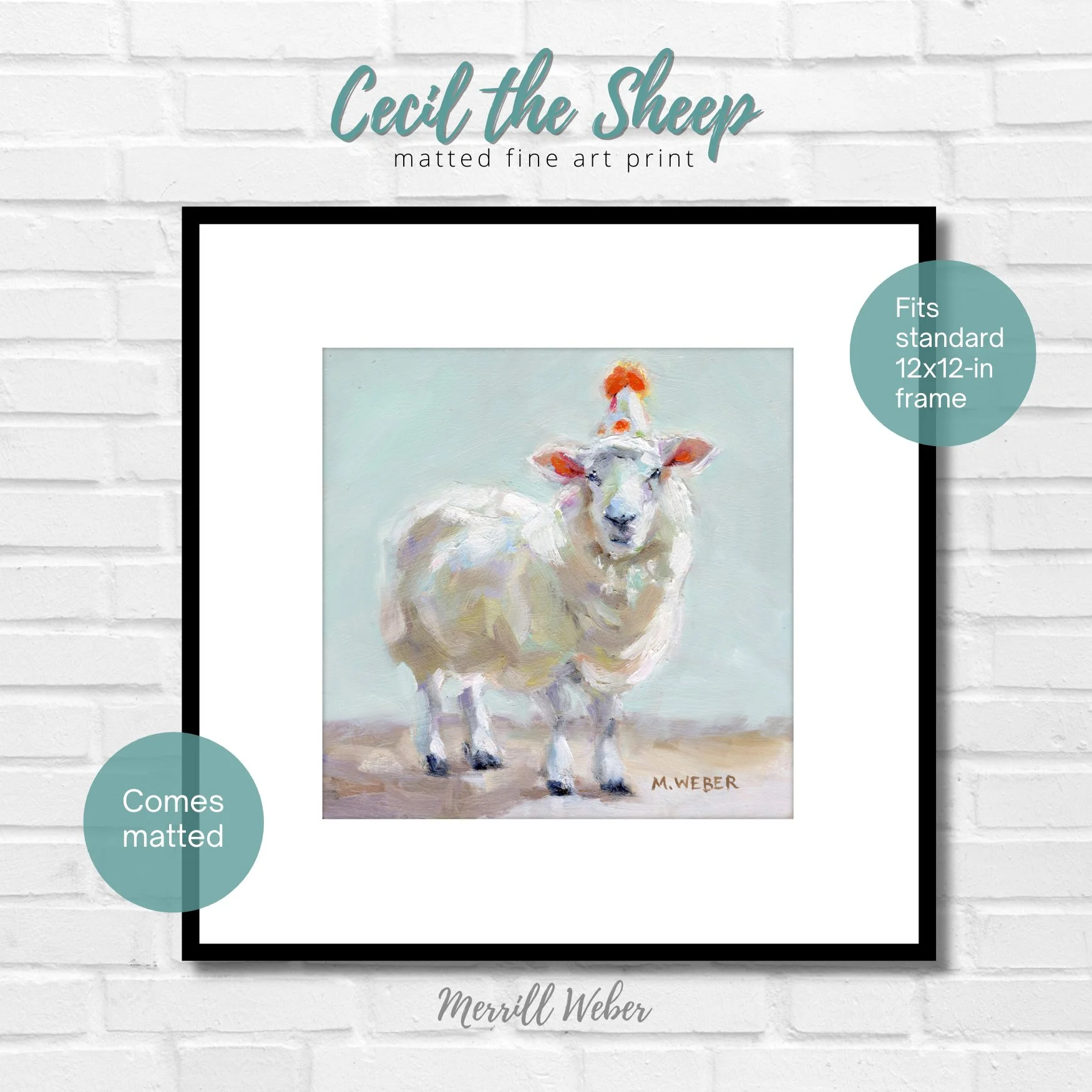 Cecil the Sheep matted giclée fine art print by Merrill Weber displayed in a black frame against a white brick wall with aqua framing graphics