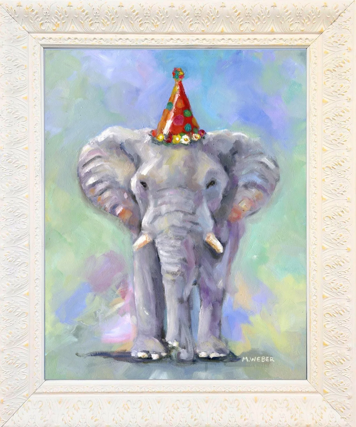 Whimsical oil painting of Queenie the gray elephant wearing a red polka-dotted party hat, dancing against a soft blue and purple background. Part of Merrill Weber's Party Animals series.