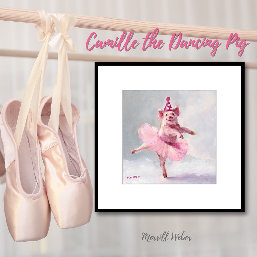 Camille the Dancing Pig framed fine art print with pink ballet pointe shoes, ballet dancer gift, dance studio wall art by Merrill Weber