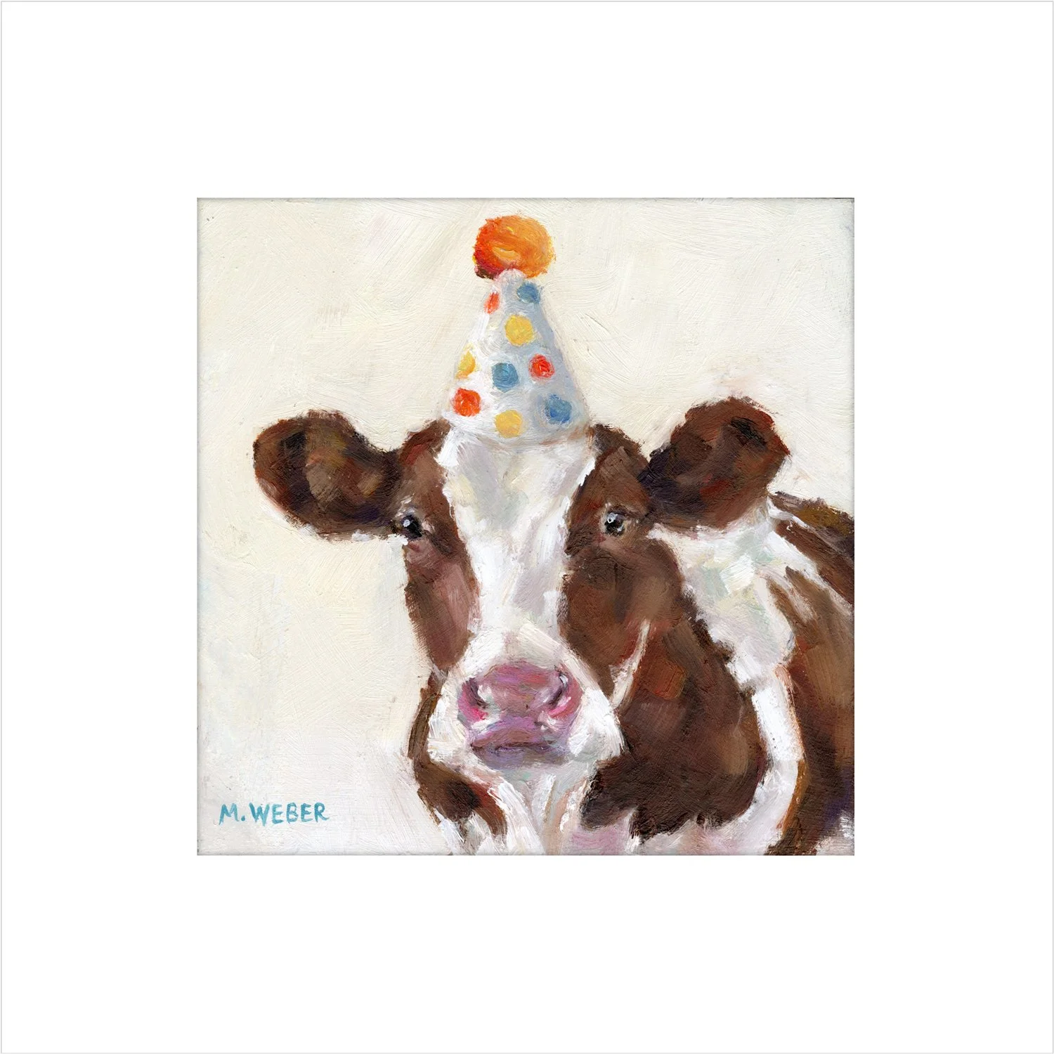 Matted Clementine the Cow giclée fine art print by Merrill Weber featuring a brown and white cow wearing a colorful polka dot party hat