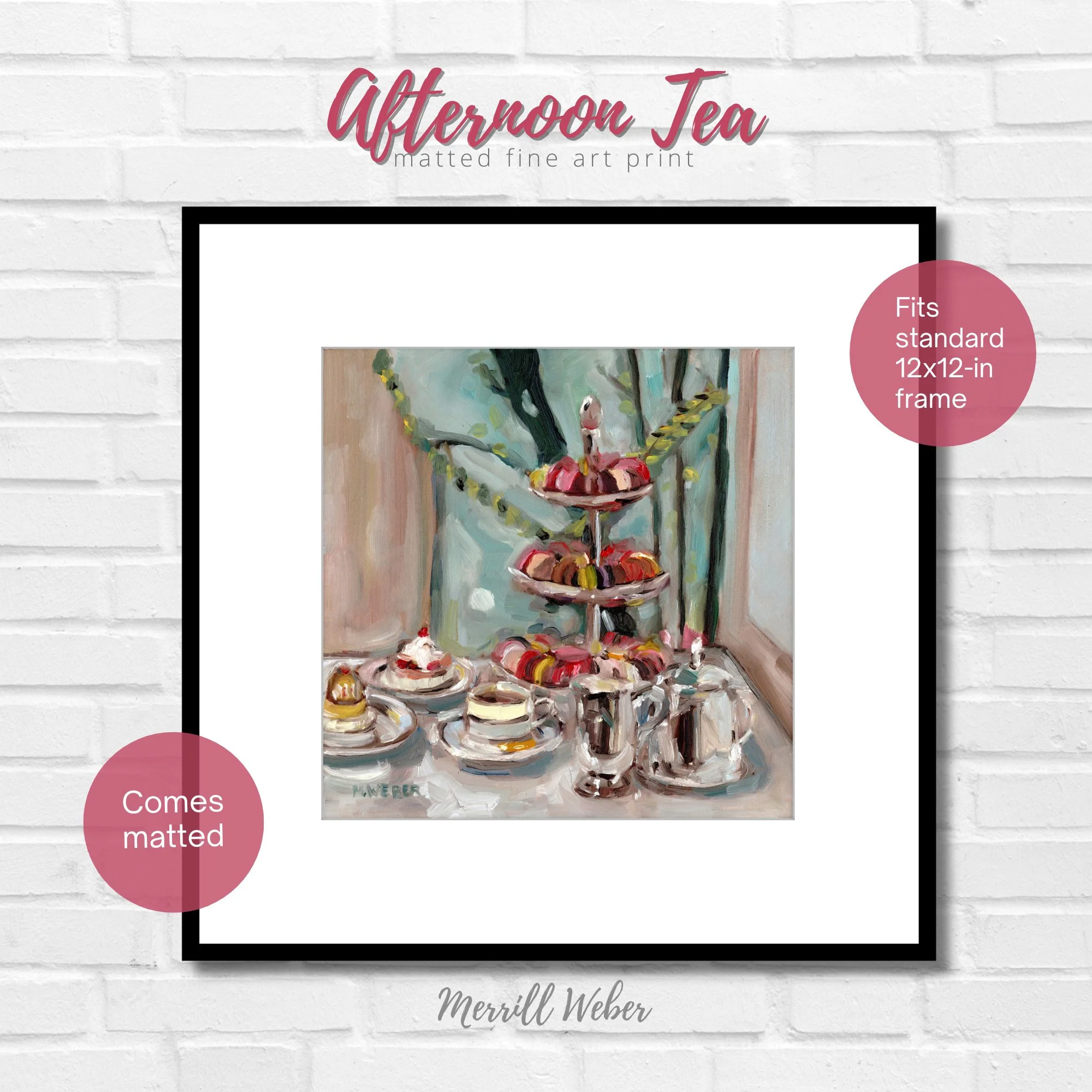 Framed 12 x 12 matted Afternoon Tea giclee print by Merrill Weber, colorful macarons and tea set still life artwork