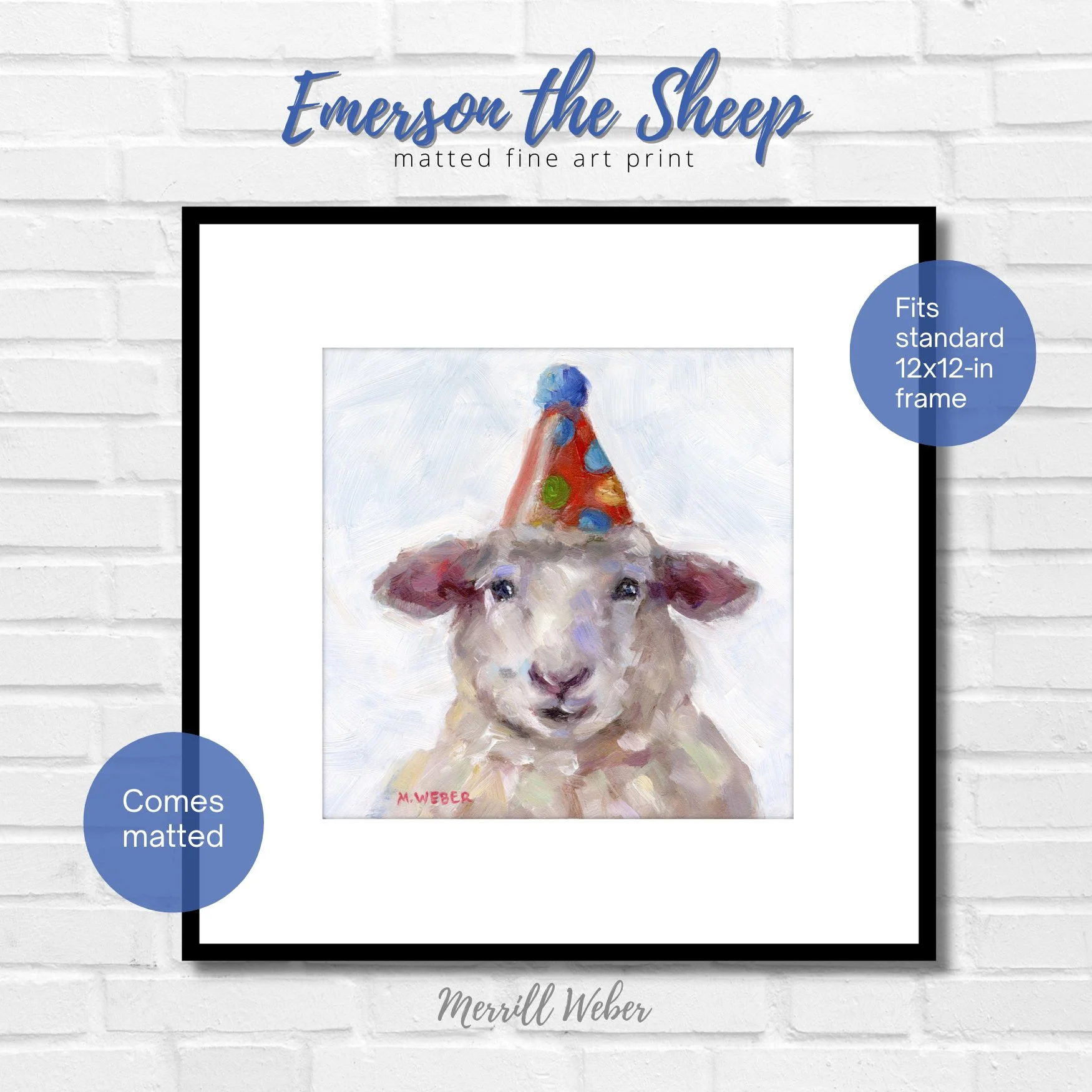 Framed Emerson the Sheep matted giclée fine art print by Merrill Weber with graphics showing standard 12x12 frame sizing