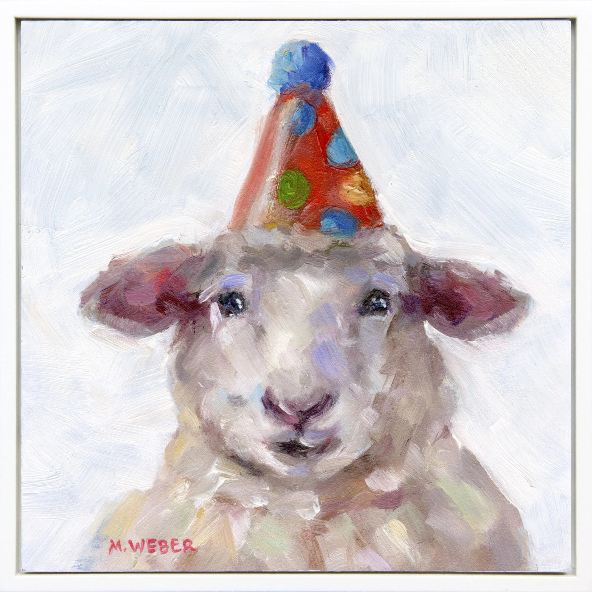 Emerson, a white sheep wearing a party hat, 6x6 oil painting on wood by Merrill Weber from the Party Animals series.